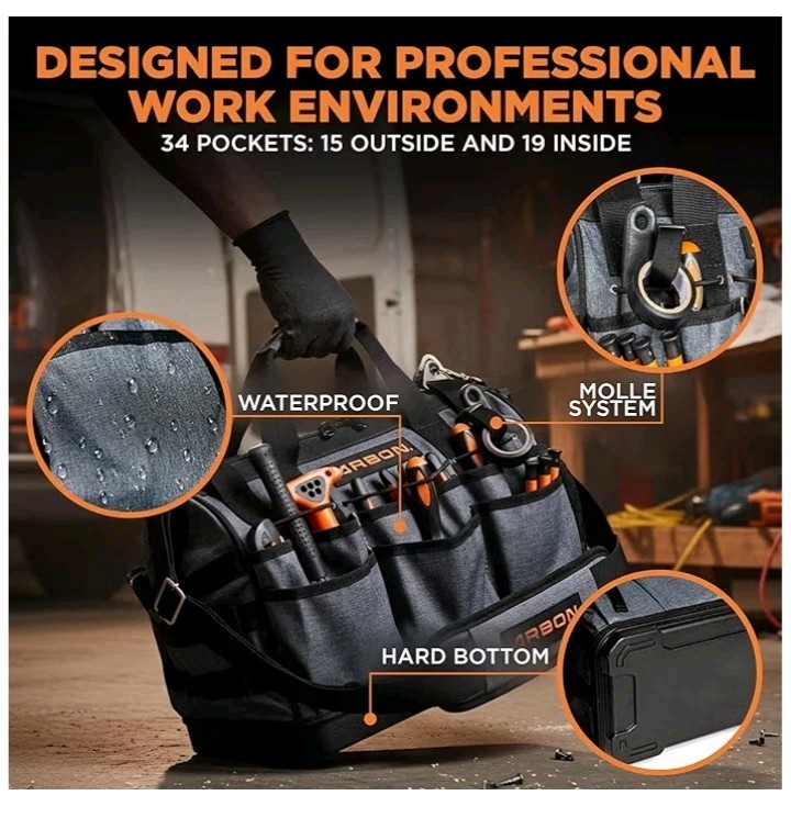 Arbon Electrician Tool Bag Heavy Duty Organizer with 34 Pockets Large Storage.