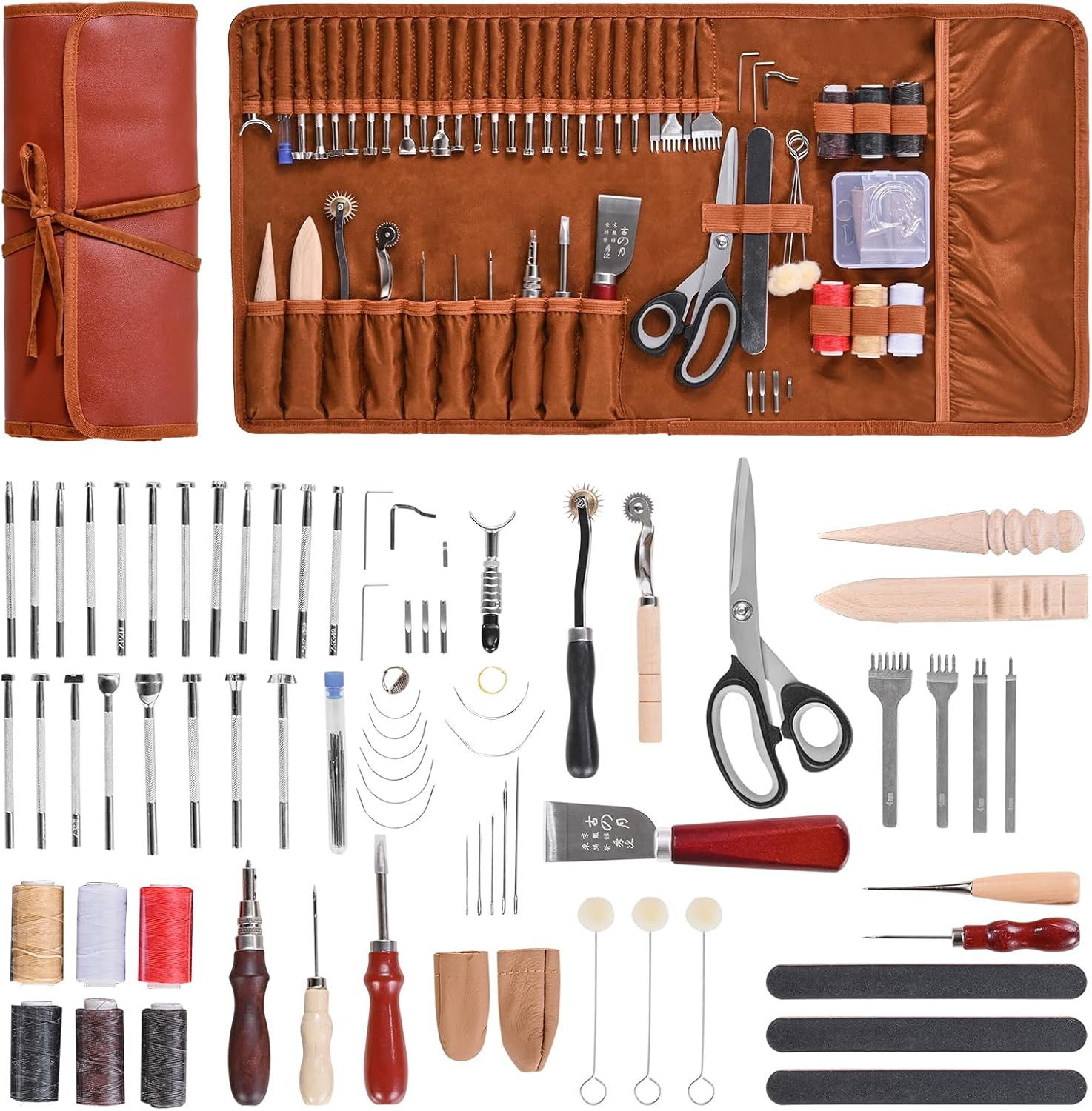 Leather Working Tools Kit, 72 PCS with Portable Leather Storage Bag, Engraving P