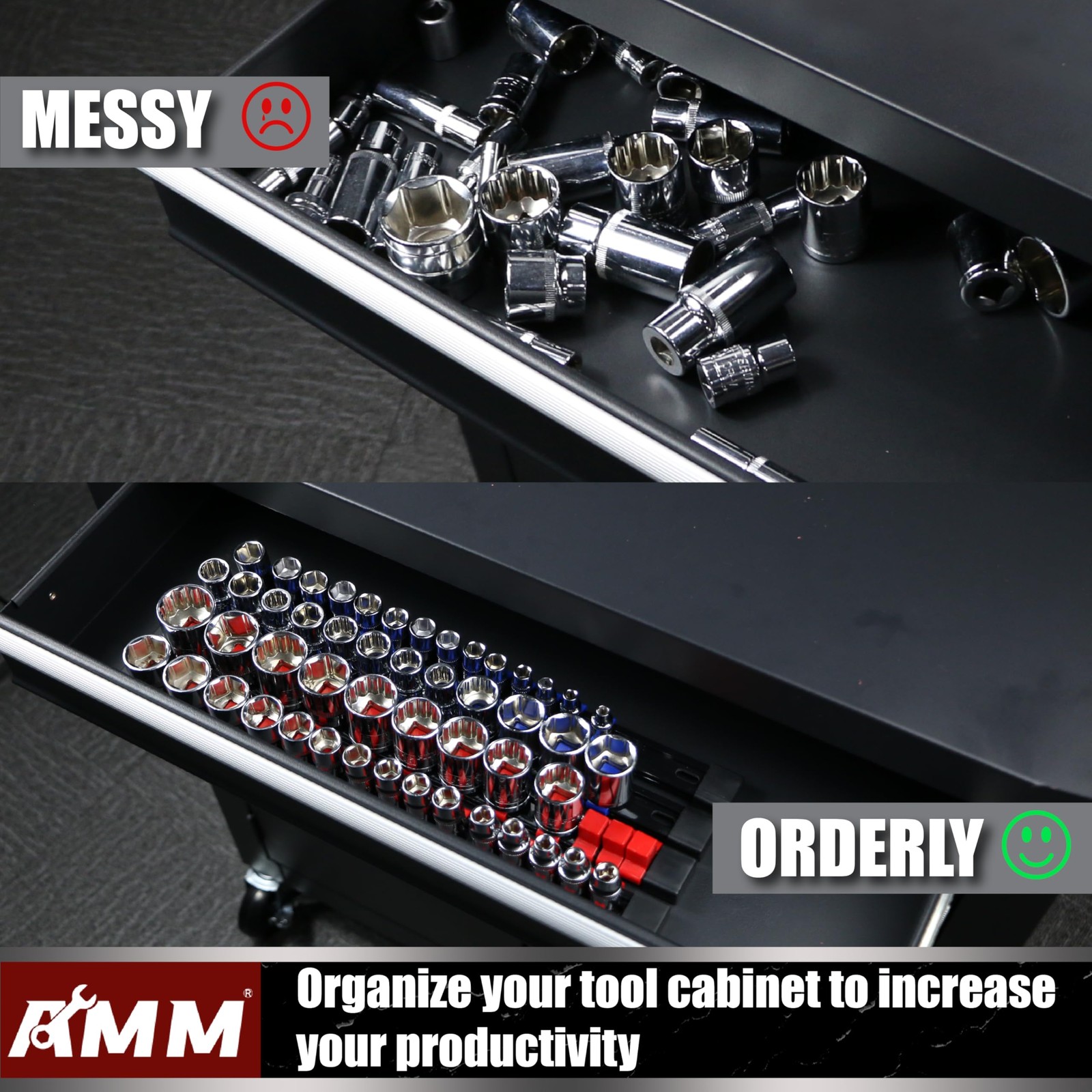 AMM 9-Piece Socket Organizer, 1/2 inch, 3/8 inch and 1/4 9PC, Colorful