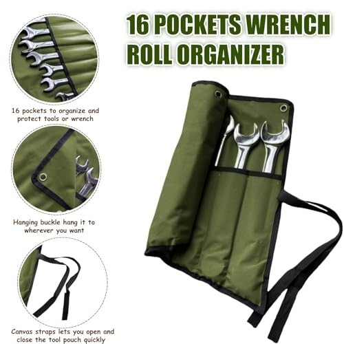 14/16 Pockets Wrench Roll Up Organizer, Wrench Bag and Tool Organizer Bag, Wren