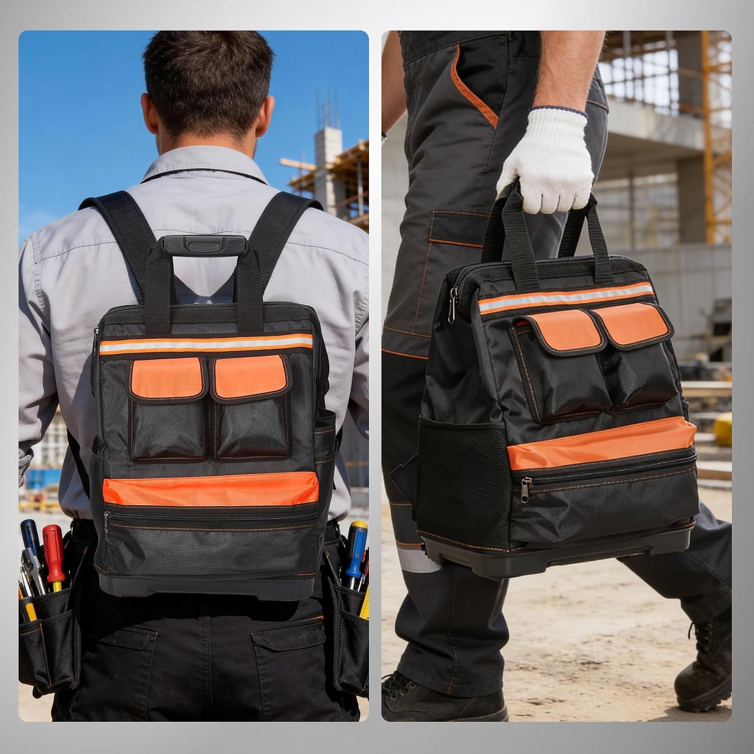 17in Heavy Duty Tool Backpack Waterproof Oxford Contractor Bag Reinforced Base