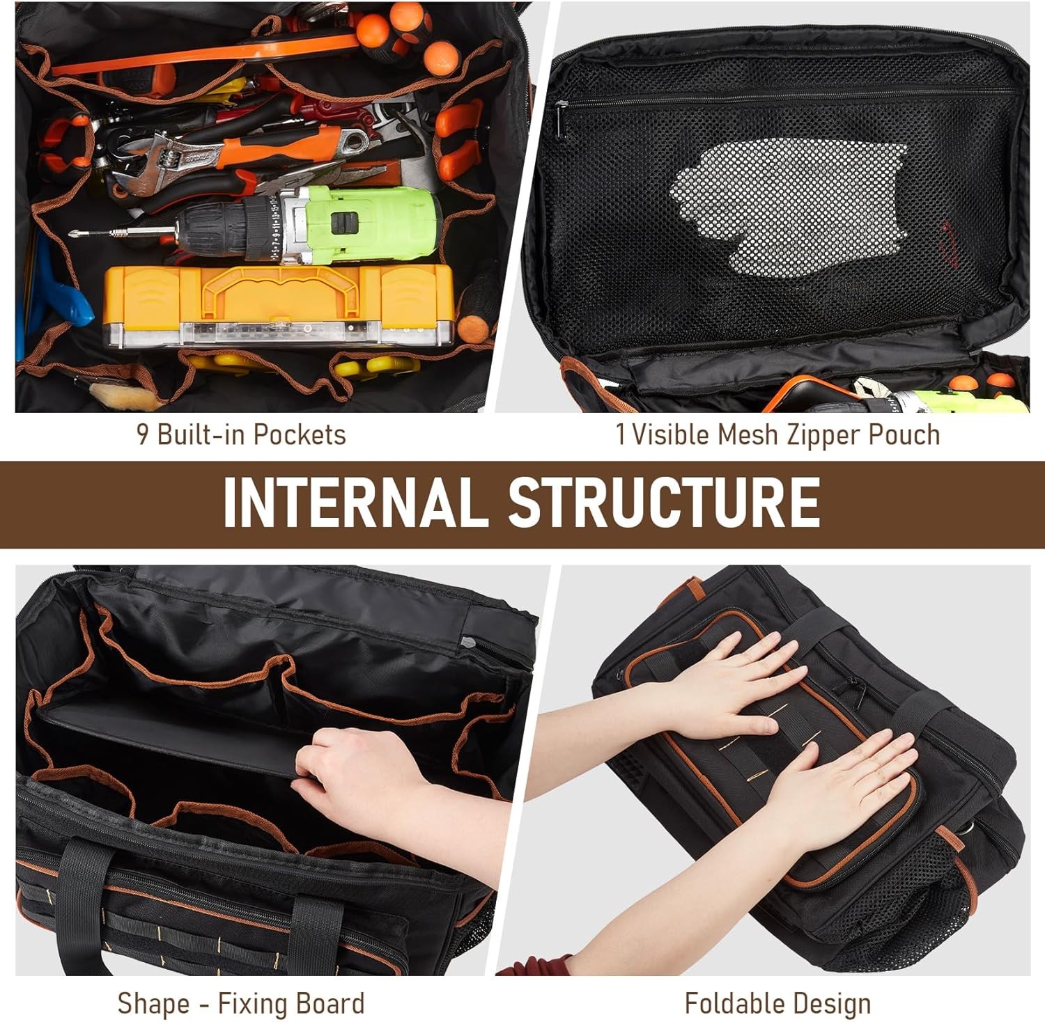 17 Inch Tool Bag Oxford Fabric Wide Mouth Portable Tool Tote w/ Multiple Pockets