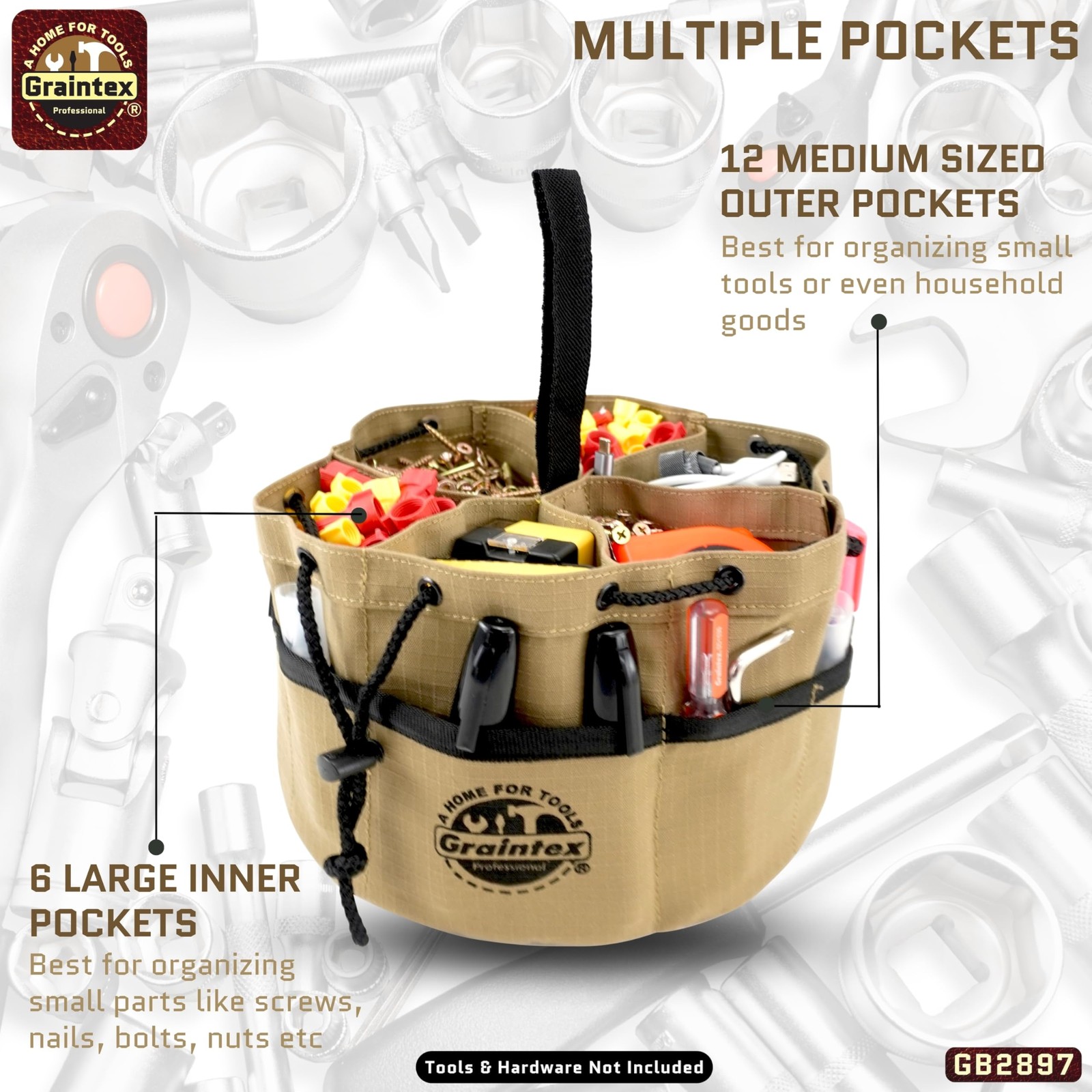 Graintex 18 Pockets Grab Bag Rip-stop Canvas Drawstring Mid Size, Khaki
