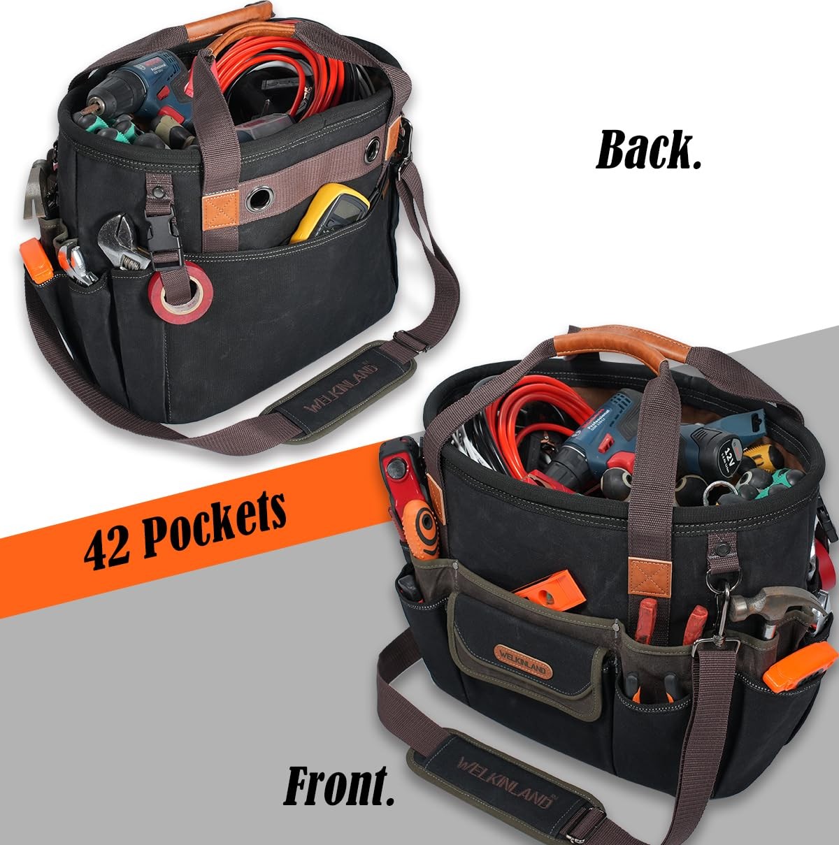 WELKINLAND 42-Pockets Electrician 16 inches, Waxed Black w/ Brown & Green