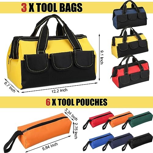 9 Pcs Tool Bag for Men 3 Heavy Duty Wide Mouth Tool 13 Inch Blue Red Yellow