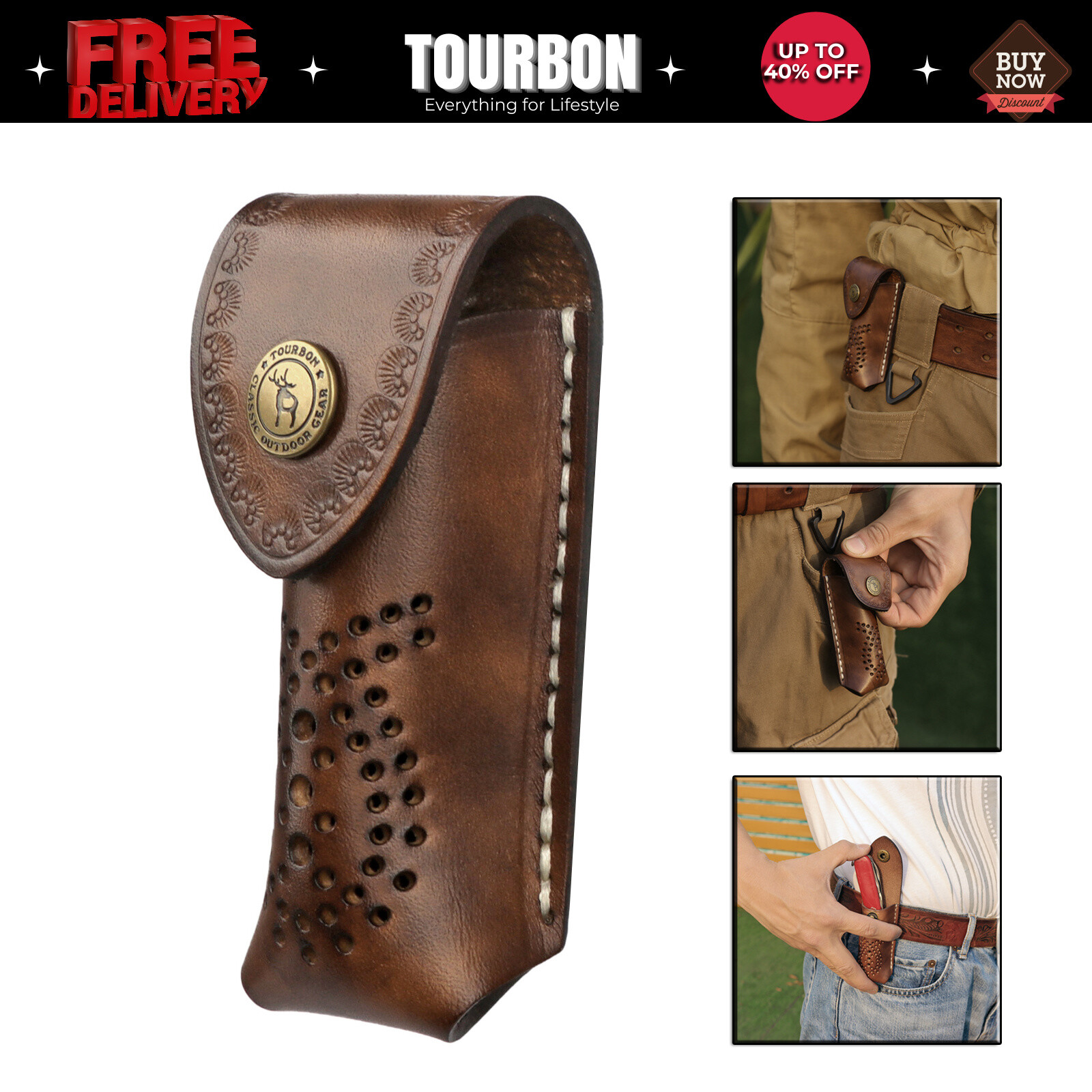 TOURBON Leather Knife Blade Sheath Pocket Knives Case Belt Clip Pouch Holster