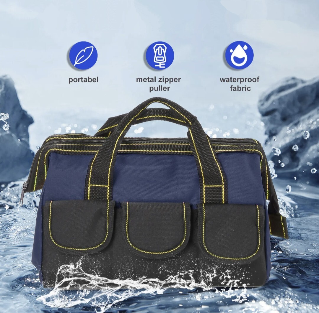 13in Water Resistant Tool Bag, Wide Mouth, Side Pockets.