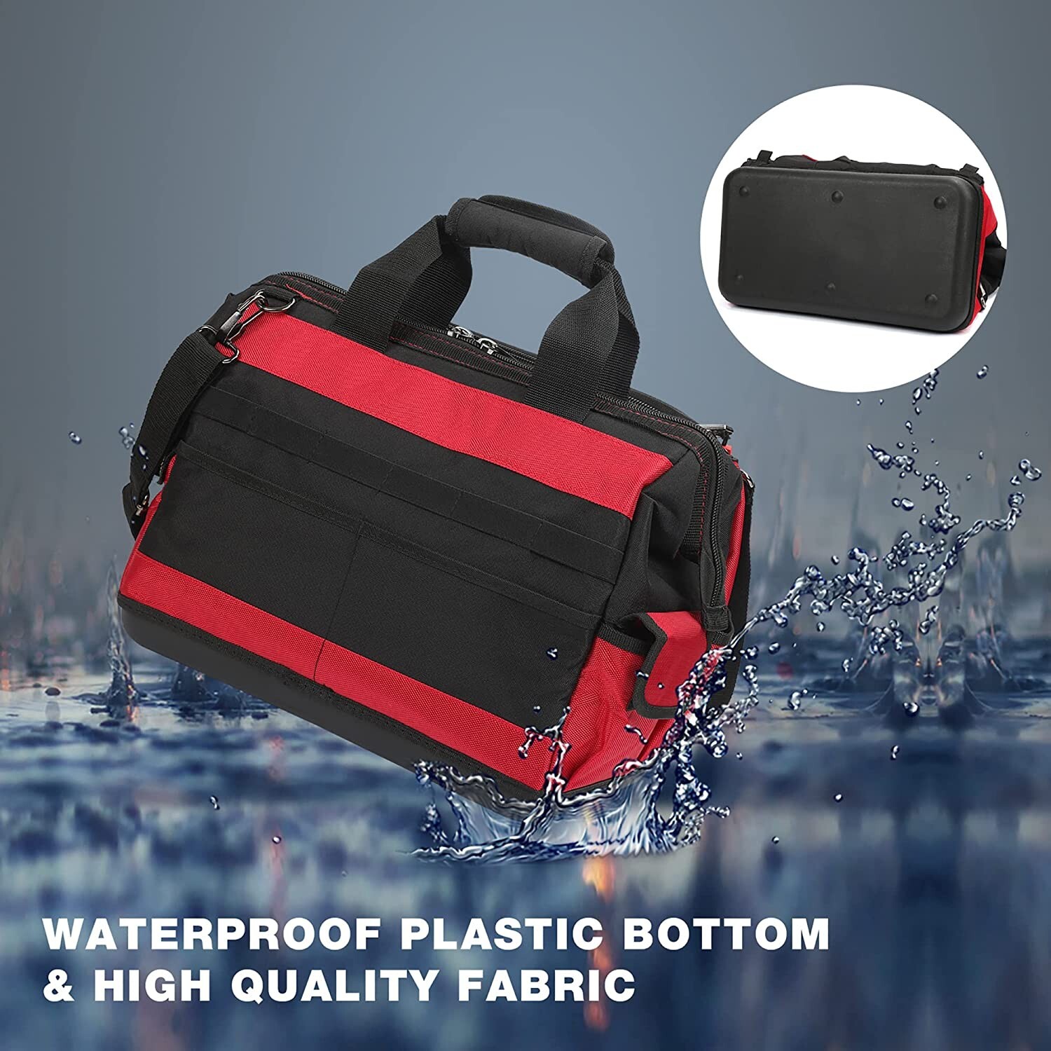 WORKPRO 16″ Wide Mouth Tool Bag with Water Proof Rubber Base For Tool Storage