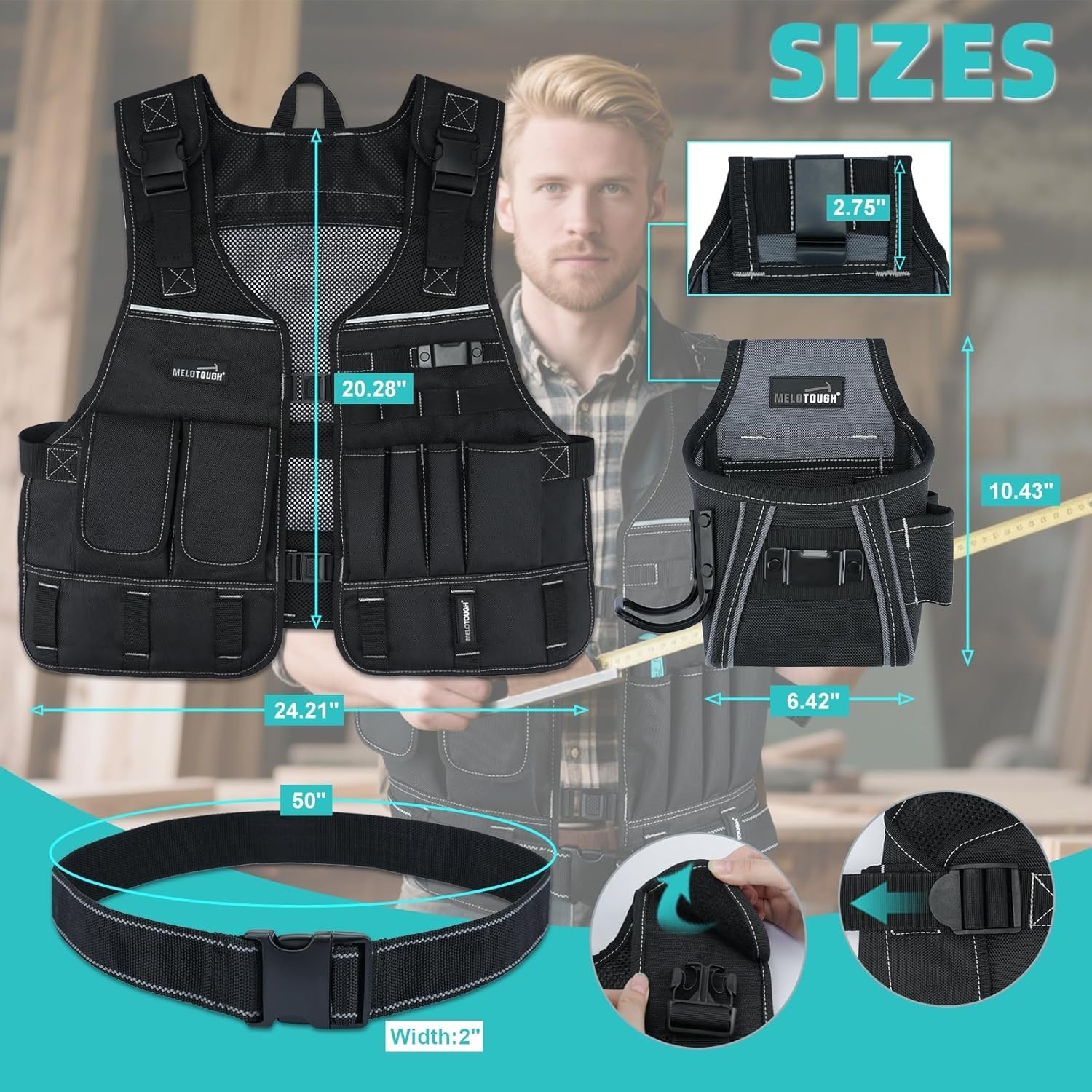 Tool Vest for Men with Pouches and Belt, Adjustable Multi-Pocket Safety Tool Ves