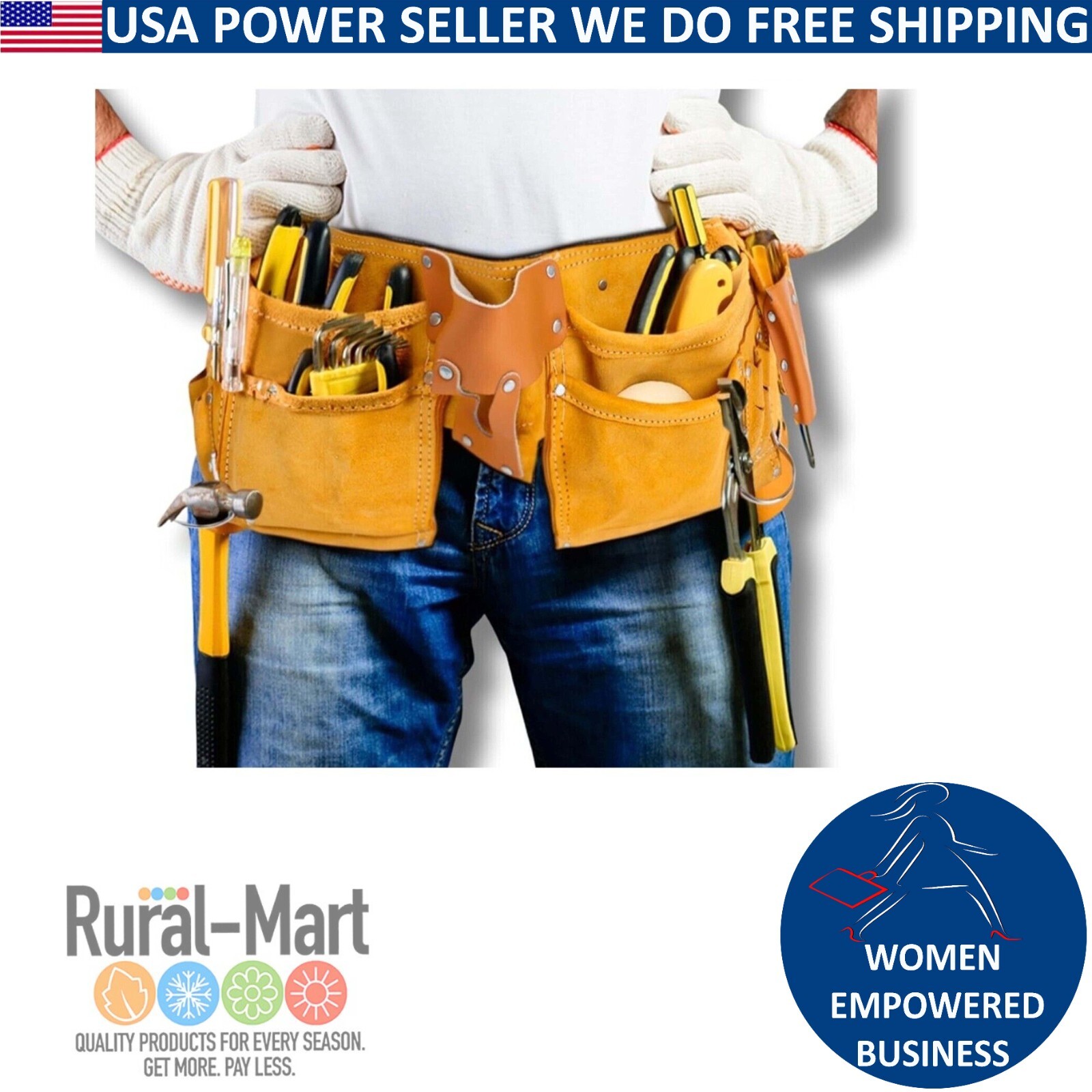 Leather Carpenter Tool Belt 11 Pockets Quick Release Buckle Work Pouch