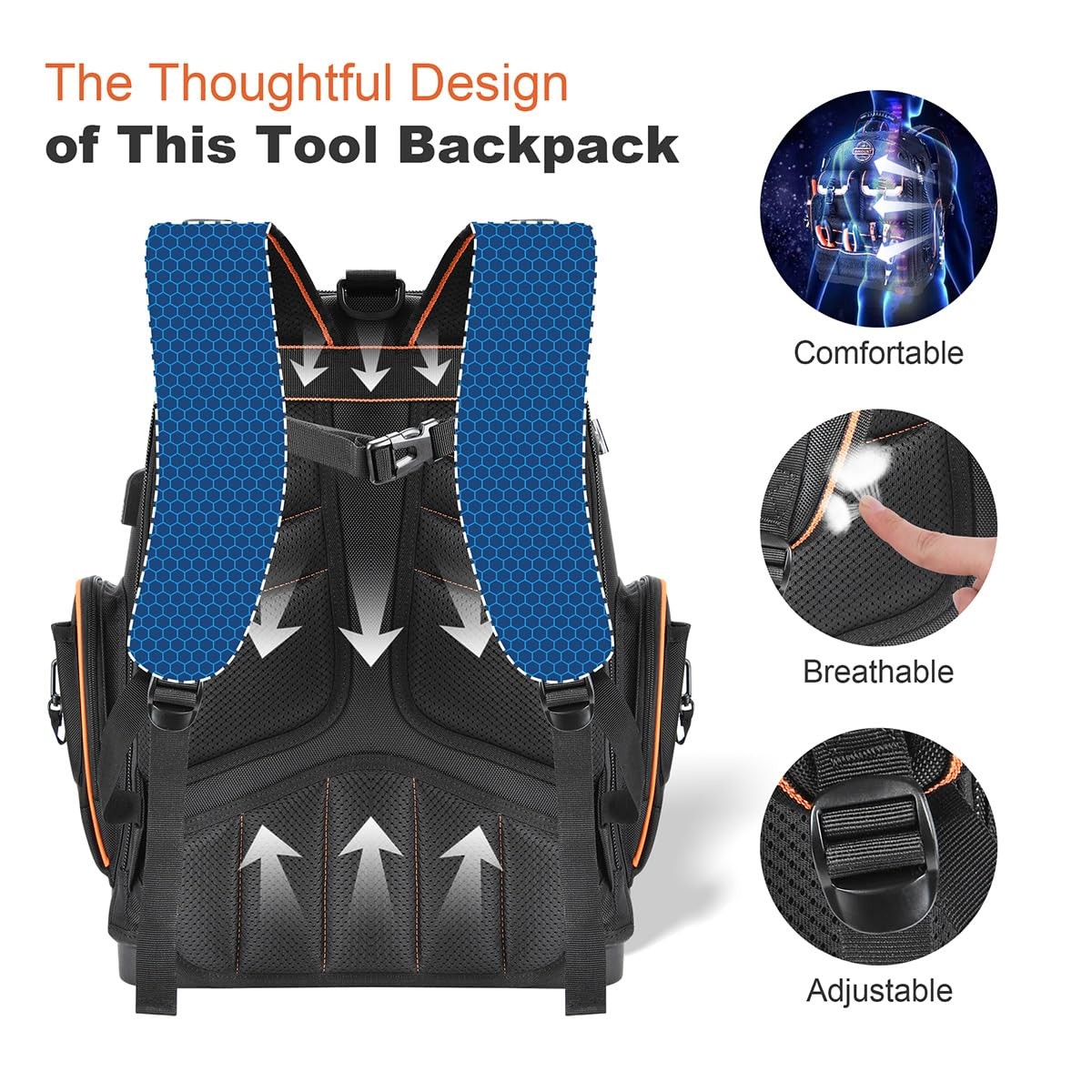 LOKASS Tool Backpack Heavy Duty with Molded Bottom, 1680D 56-Pocket Tool Bag …