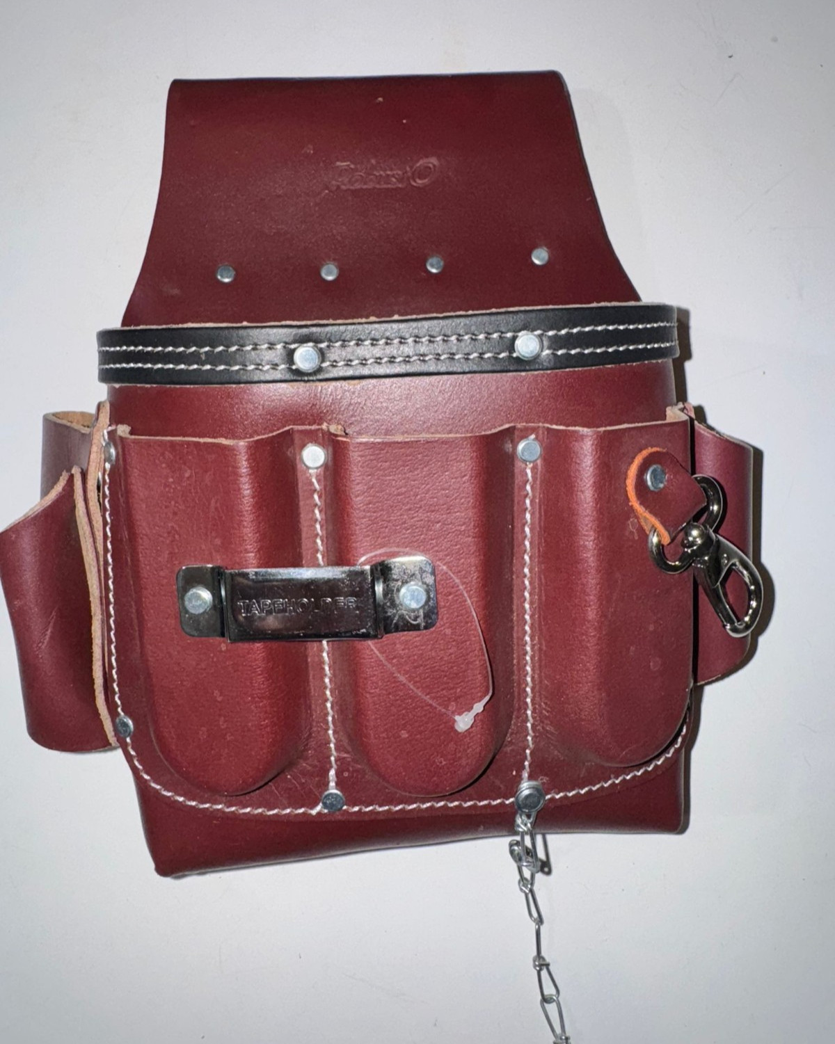 Heavy-Duty Leather Electrician Tool Pouch with Tape Holder and Chain(Cherry)
