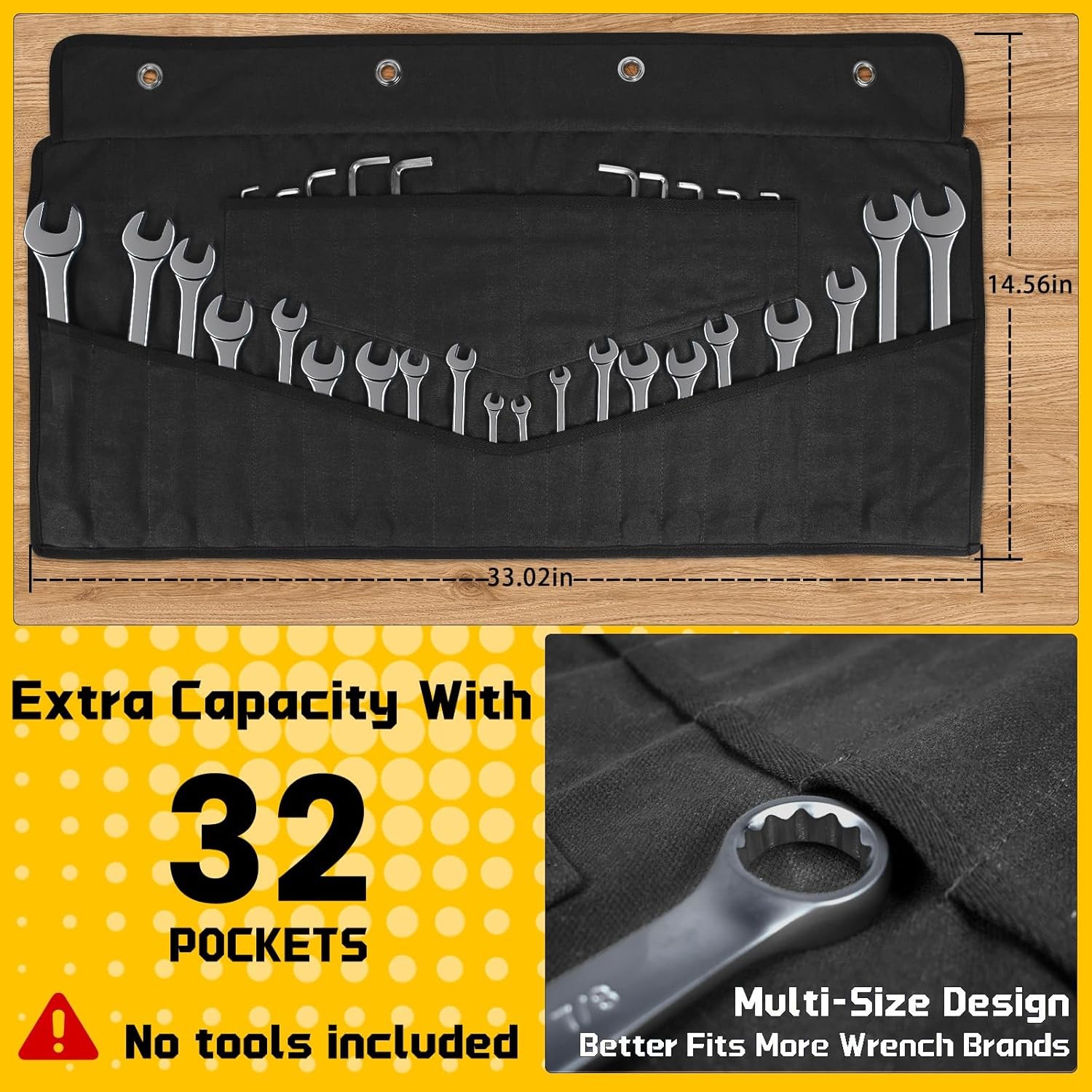 Wrench Roll up Pouch Bag 32 Pocket Tool Organizer Holder W SAE & Metric Labels