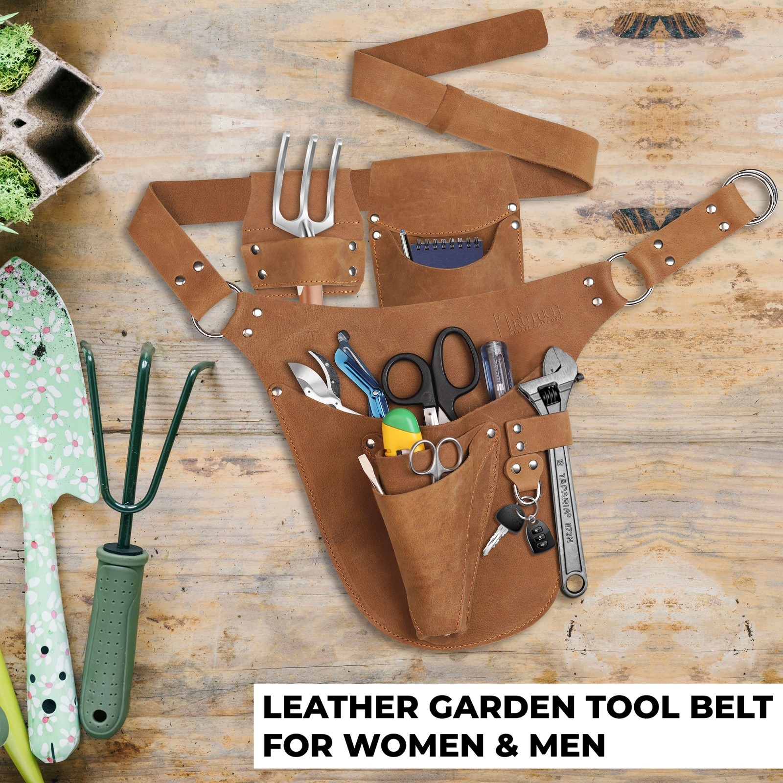 TRUTUCH Leather Garden Tool Belt for Men Women | Gardening Tool Pouch | Gardener