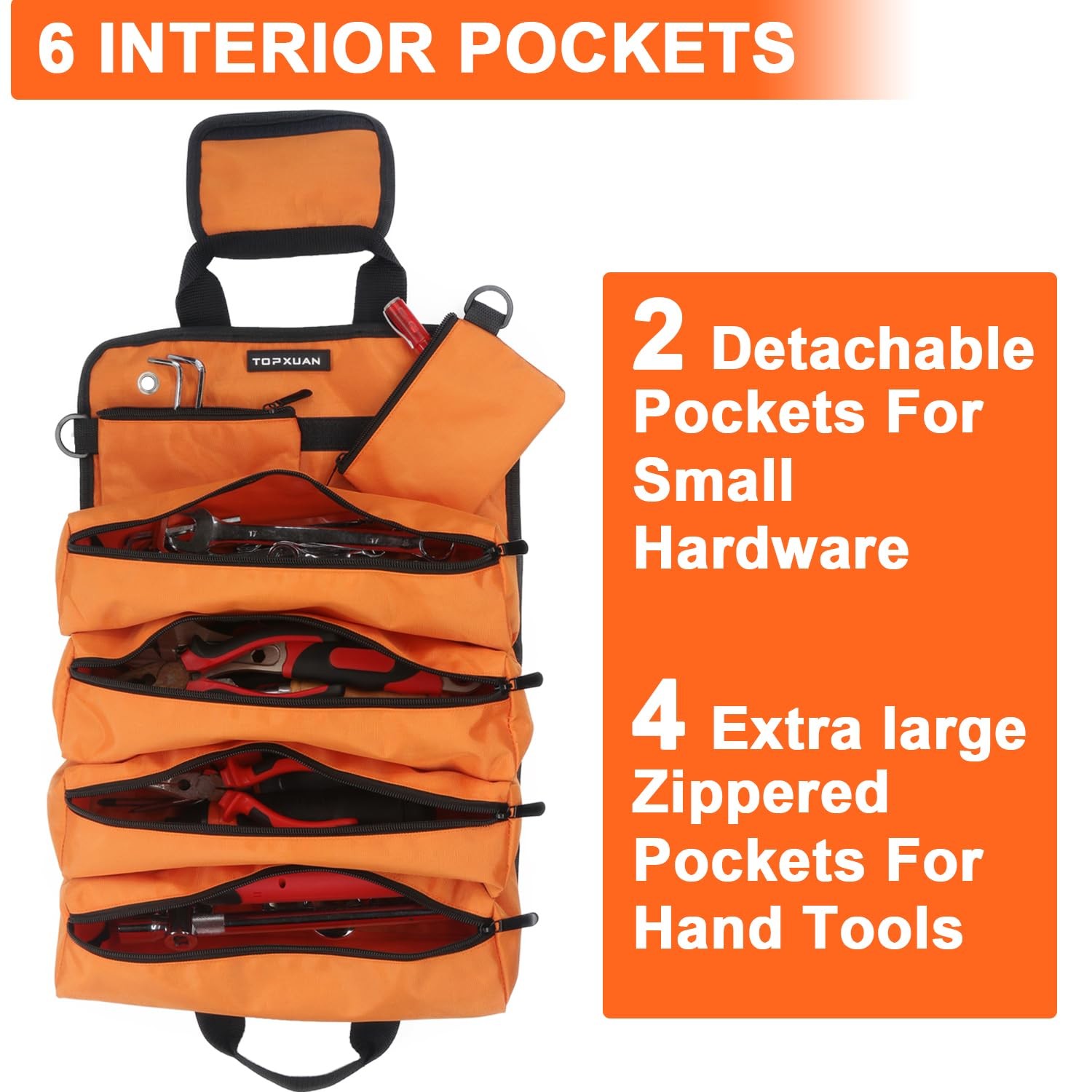Tool Bag Roll Up 4 Large Zipper pockets 2 detachable pockets for Hand Tools a…