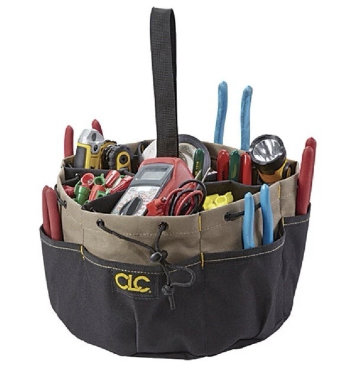 CLC Work Gear 1148 10 in Tool Bucket Drawstring Bag 18 Pocket Fabric Black/Tan