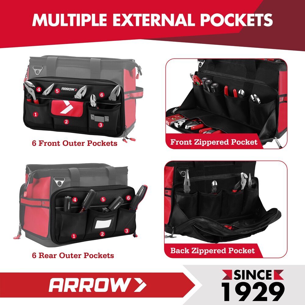 ARROW 17″ Large Heavy Duty Tool Bag Zippered Wide Open Mouth Toolbag w/36 Pocket