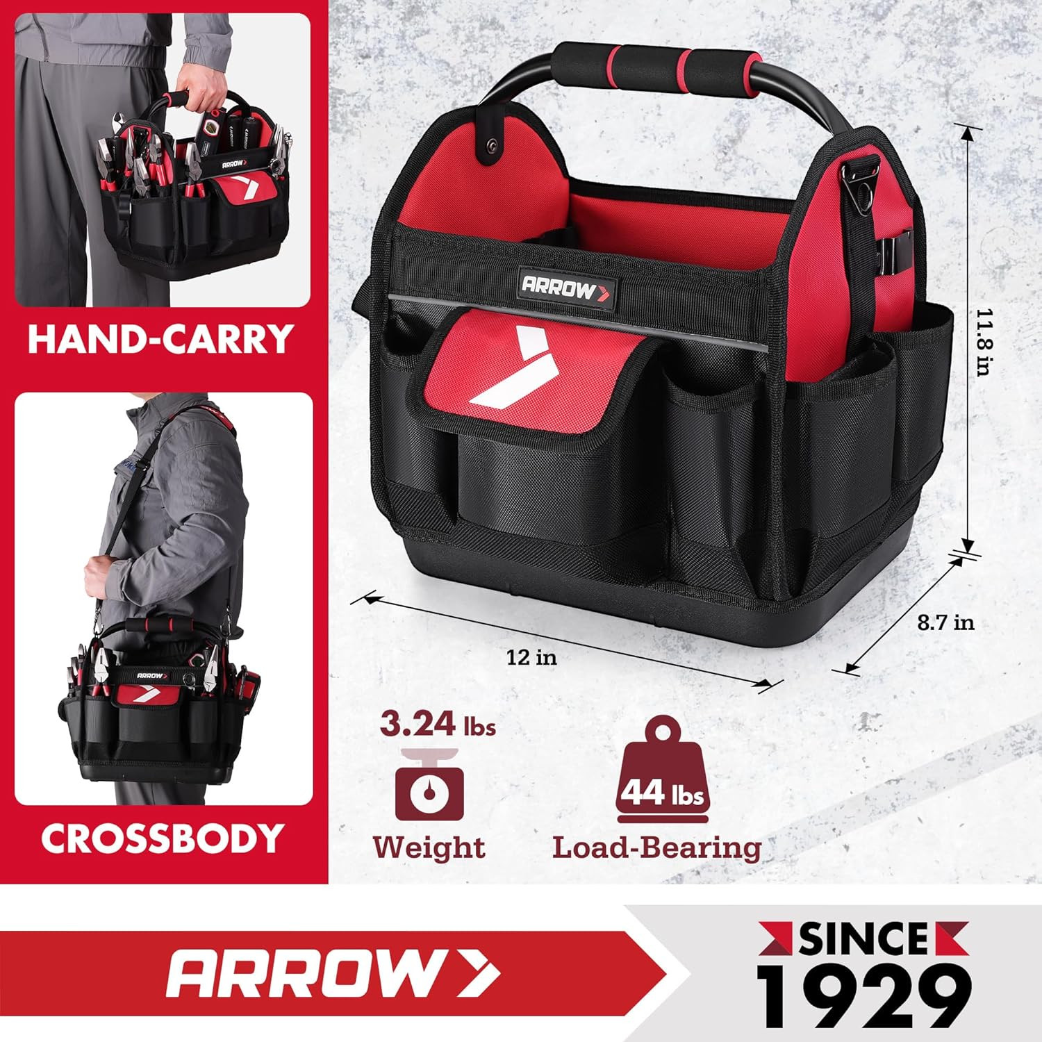 ARROW 12″ Tool Tote with Waterproof Hard Base, Electrician Tool Bag with 19 Pock