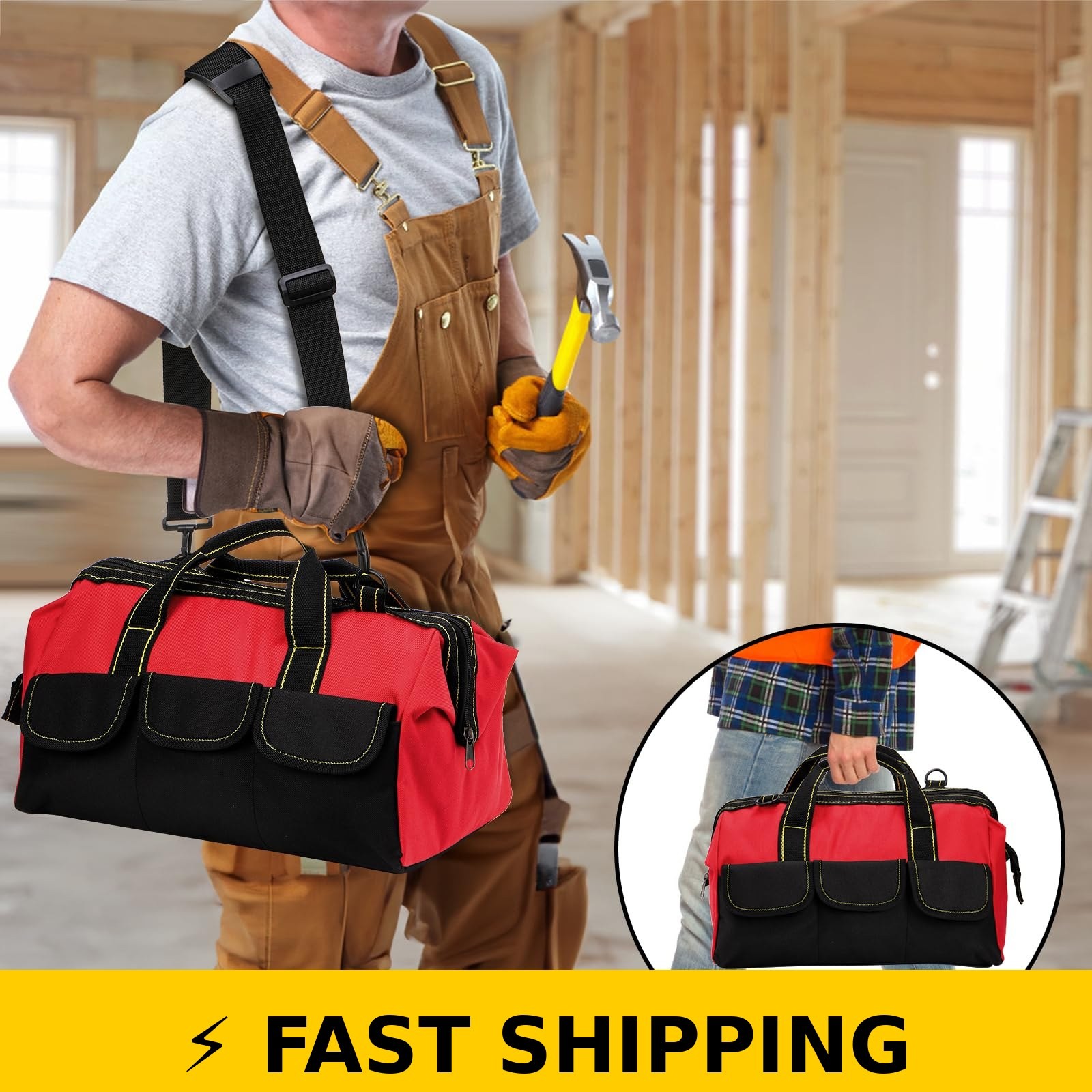 Hiceeden 16″ Wide Mouth Tool Bag – Waterproof, Red