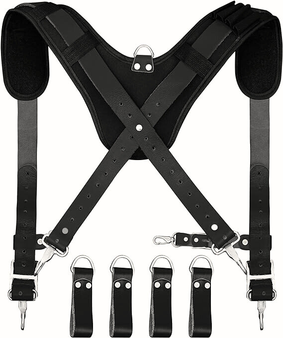 Leather Tool Belt Suspenders Padded with 4 Detachable D-Loop for Construction