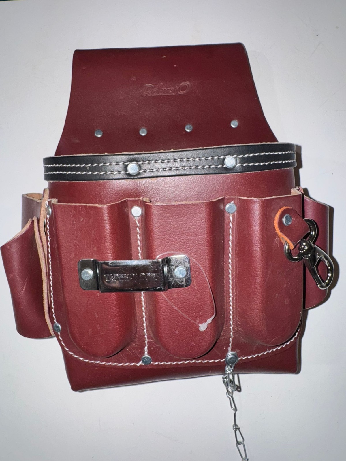 Heavy-Duty Leather Electrician Tool Pouch with Tape Holder and Chain(Cherry)