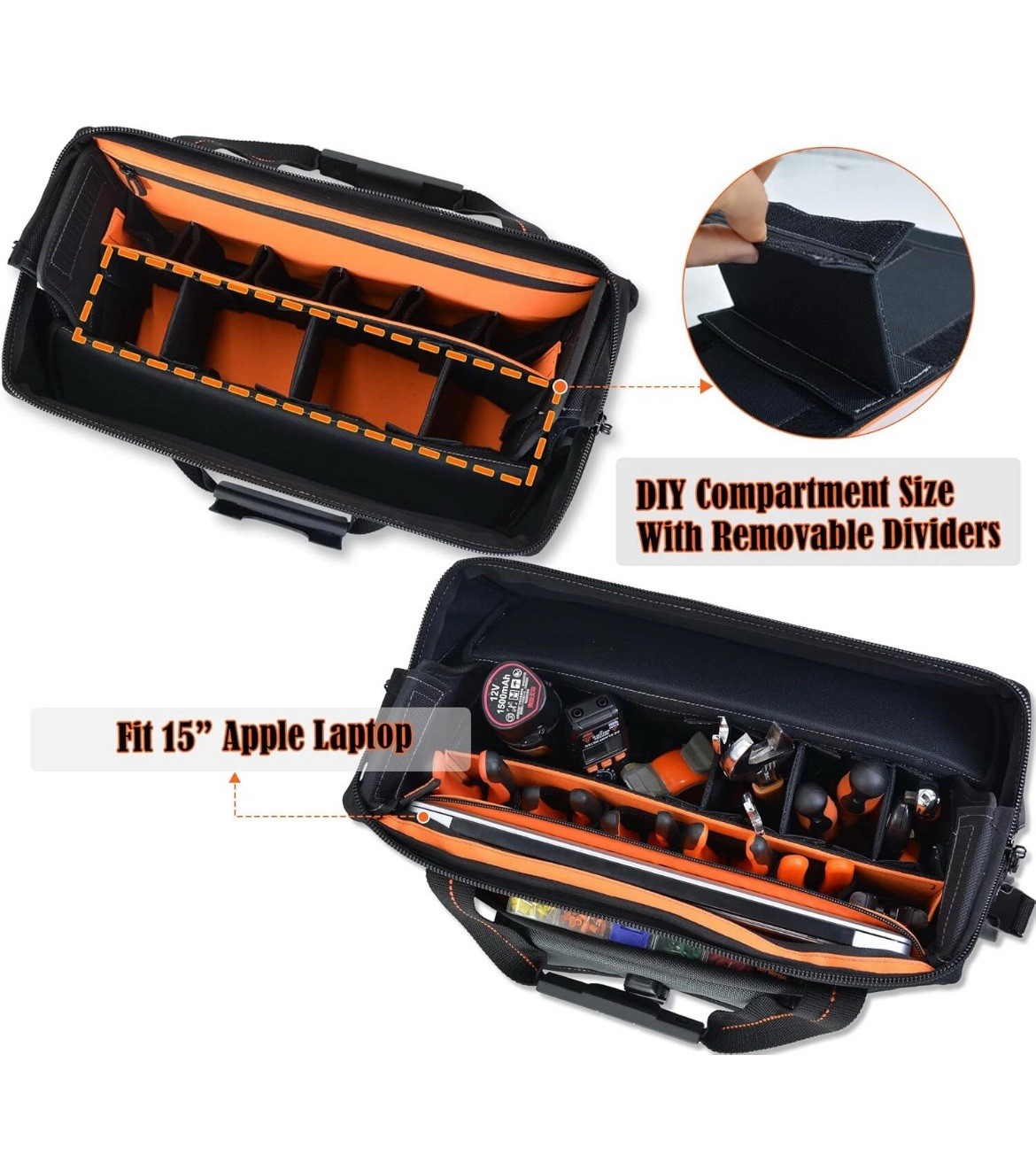 WELKINLAND 15-Pockets Electrician Tool Box Bag, Large – Open Black Orange