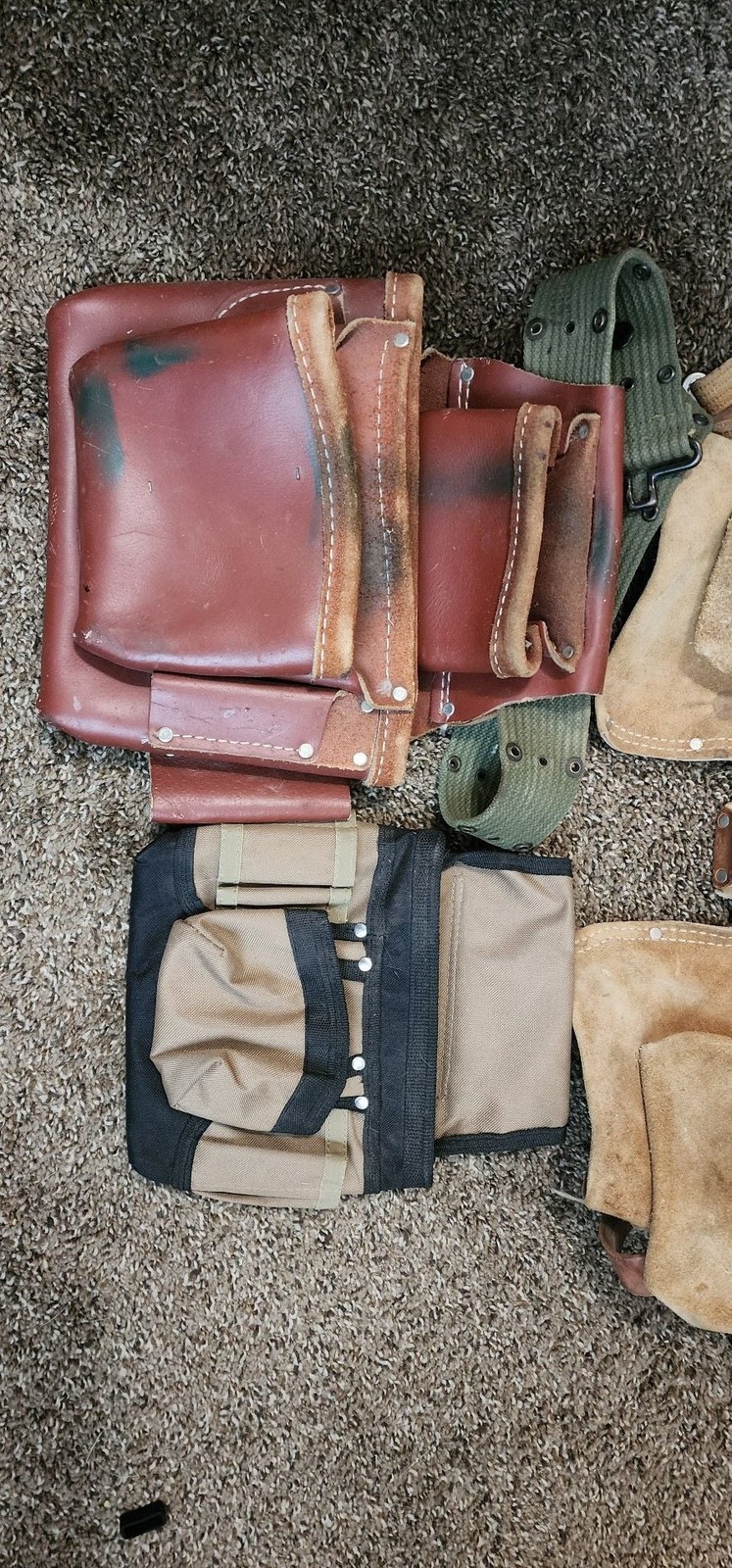 Lot of 5 Assorted Professional Leather, hide, and Canvas Tool Belts and Pouches