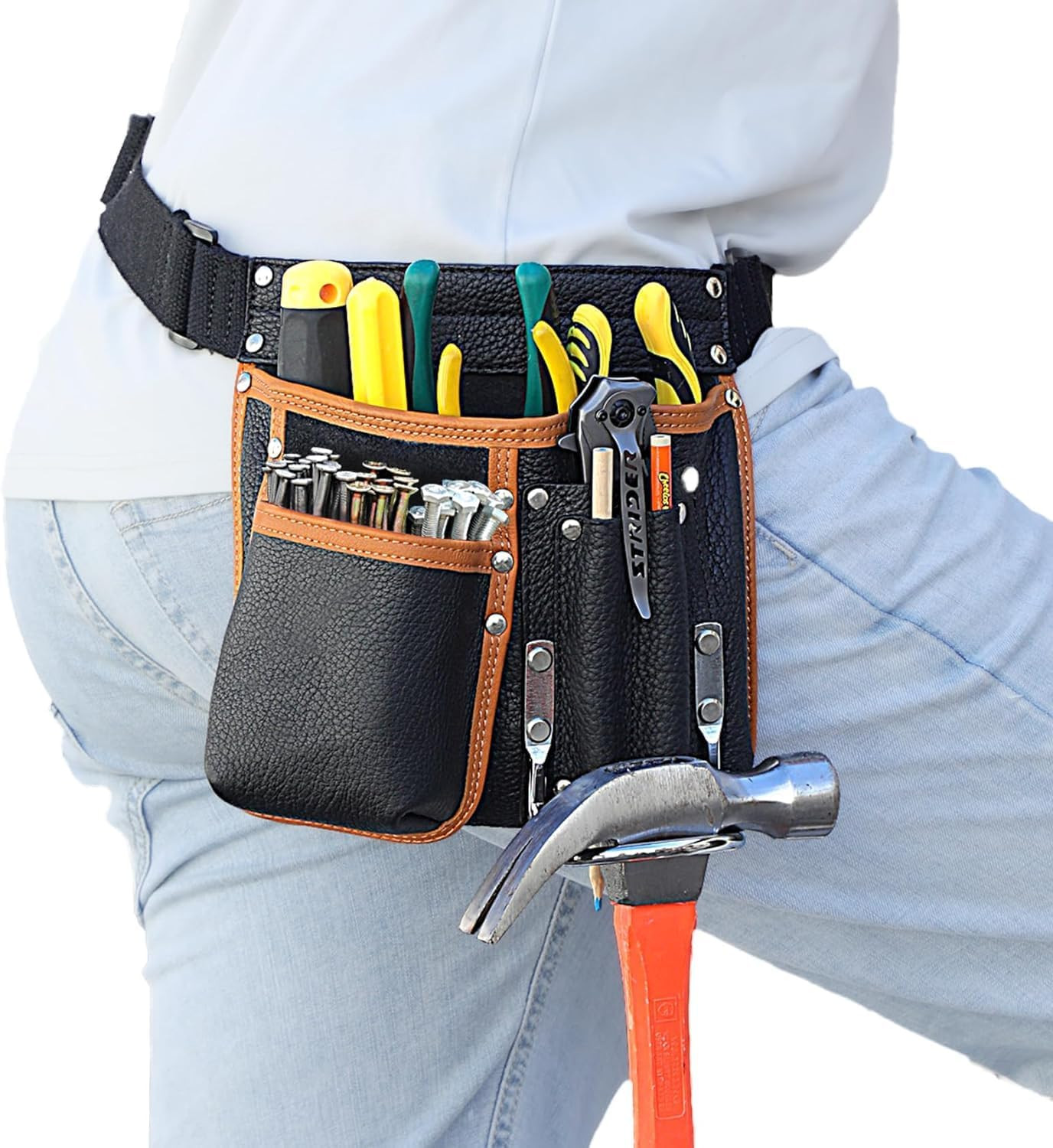 Tool Belt,Genuine Leather Tool Pouch,Detachable & Adjustable Single Side Tool Be