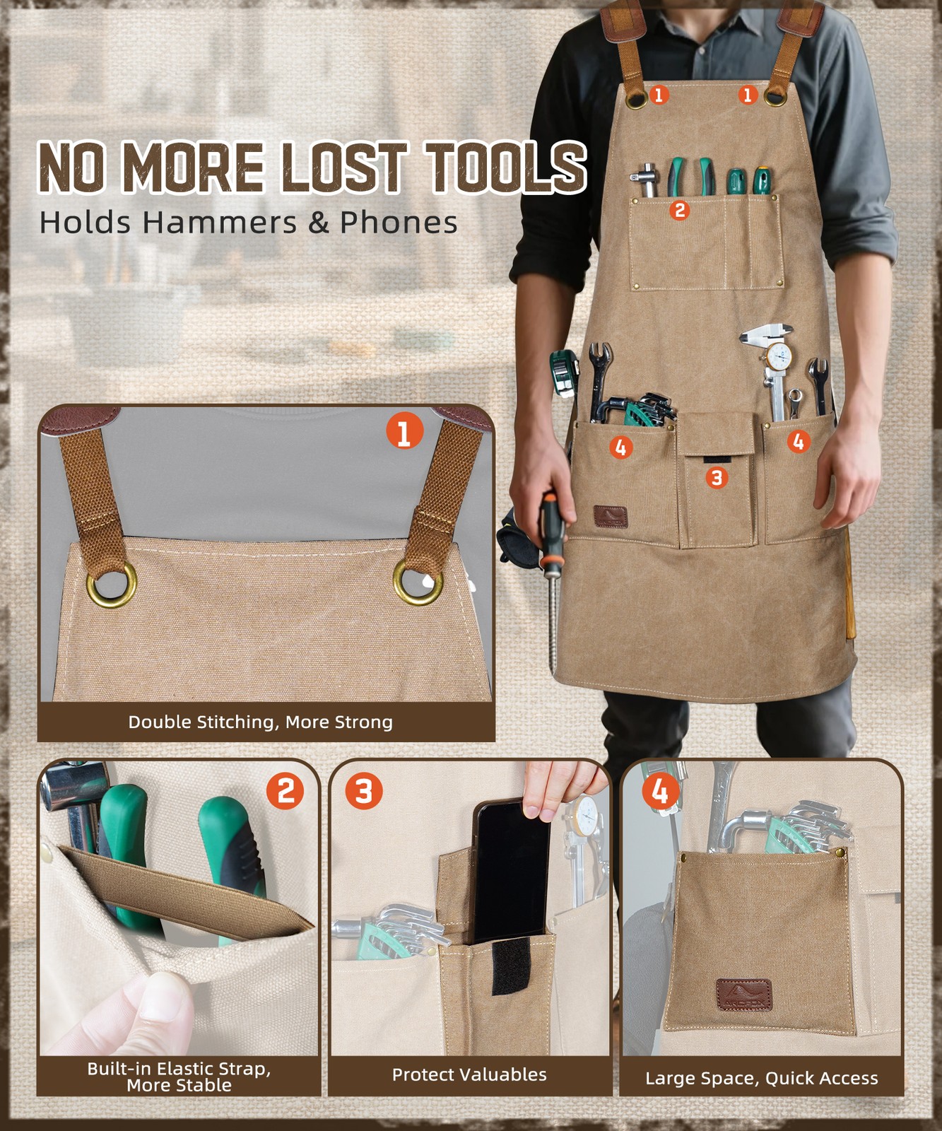 Durable Working Workshop Bib Apron For Carpenter Electrician With 9 Tool Pockets