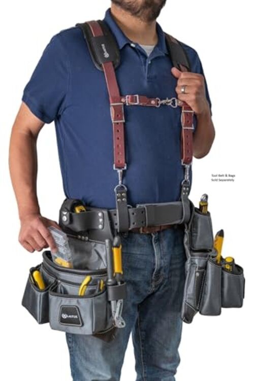 Leather Padded Tool Belt Suspenders w/Chest Strap| Pencil Sleeve| Comfortable