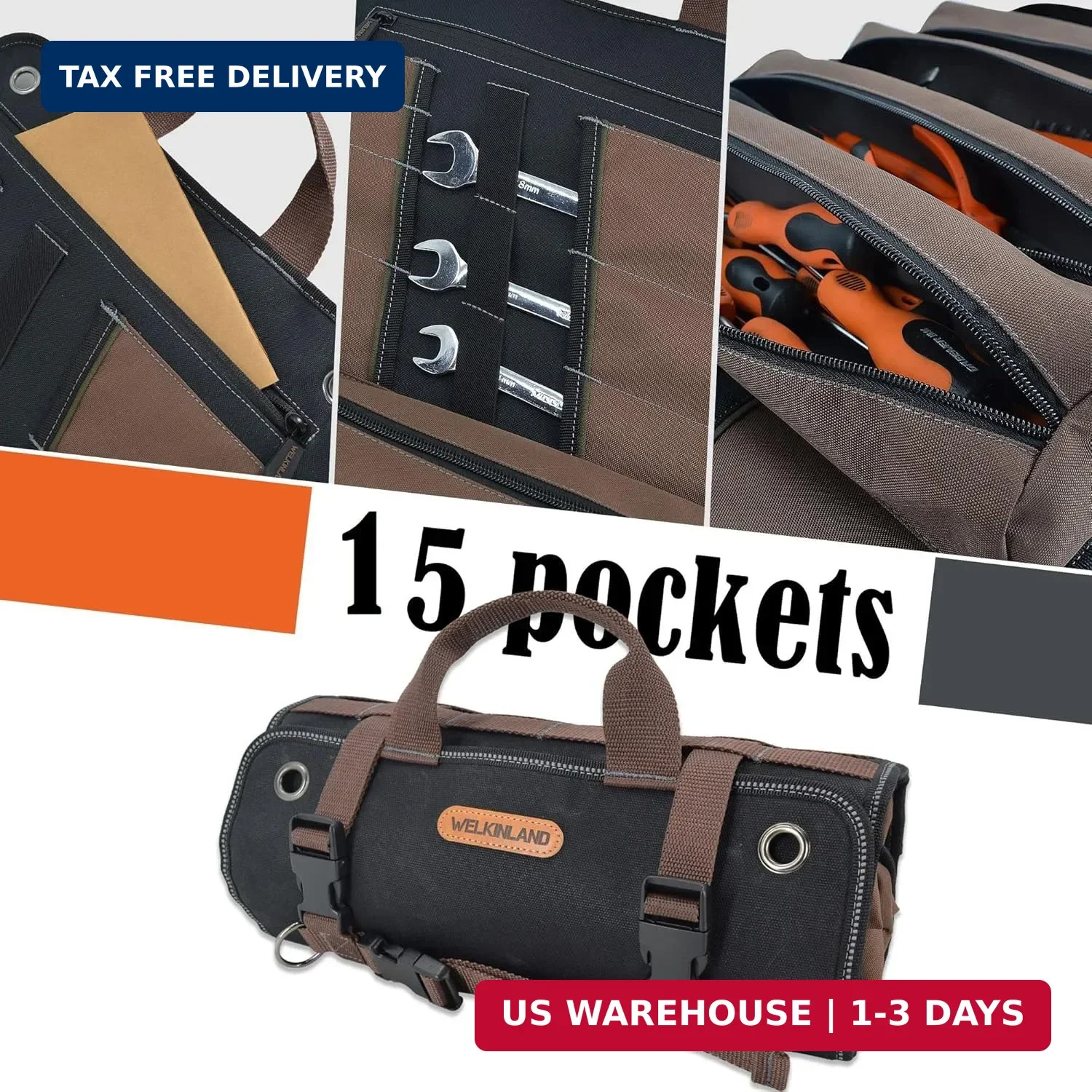 WELKINLAND Heavy-Duty Waxed Canvas Tool roll, 15-Pockets Tool Wrap Roll, 15L Too