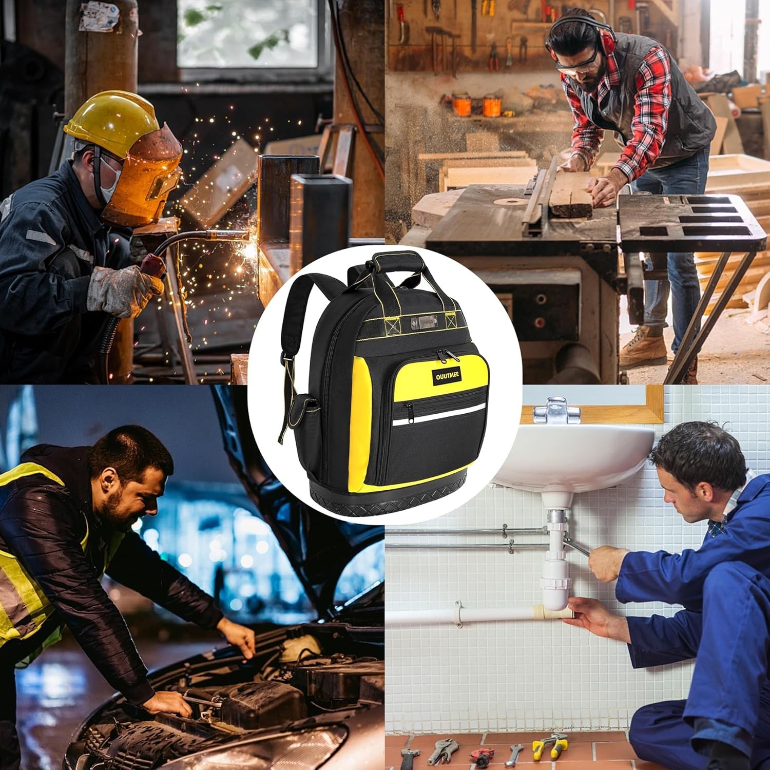 17″ Tool Backpack with Multi Pockets Water Resistant Hard Bottom Bag