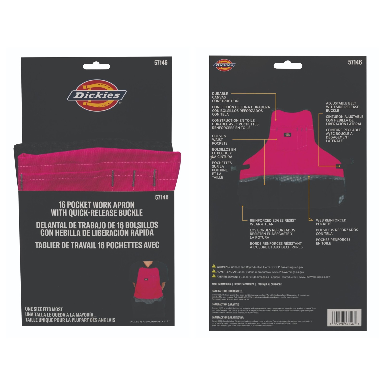 Womens Canvas Bib Apron 16 Pocket with Quick Release Buckle Pink Dickies 57146