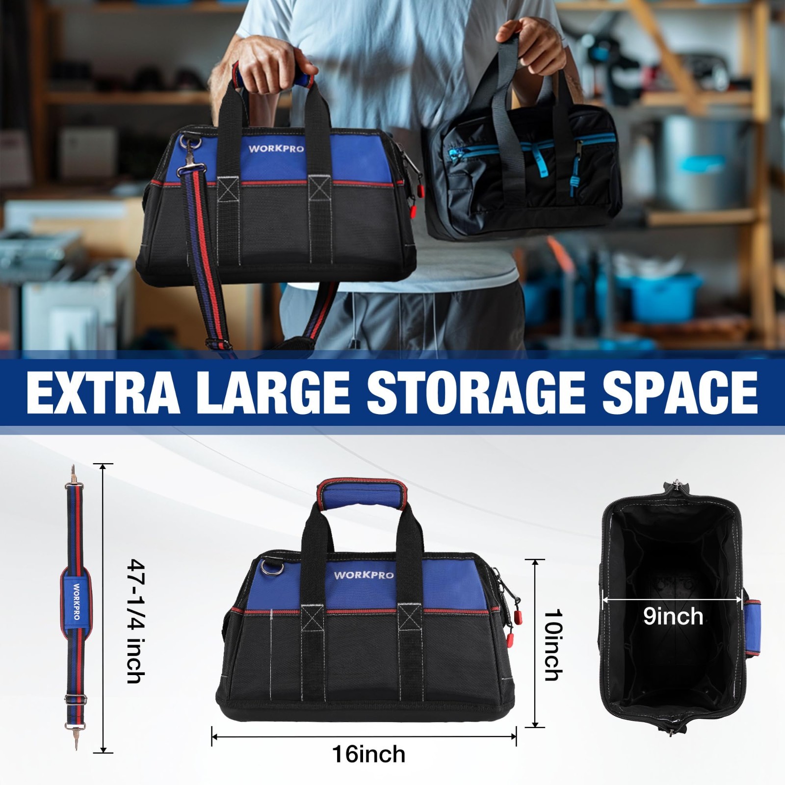 16″ Wide Mouth Tool Bag – Heavy Duty Cloth Storage, Waterproof Base, Adjustable