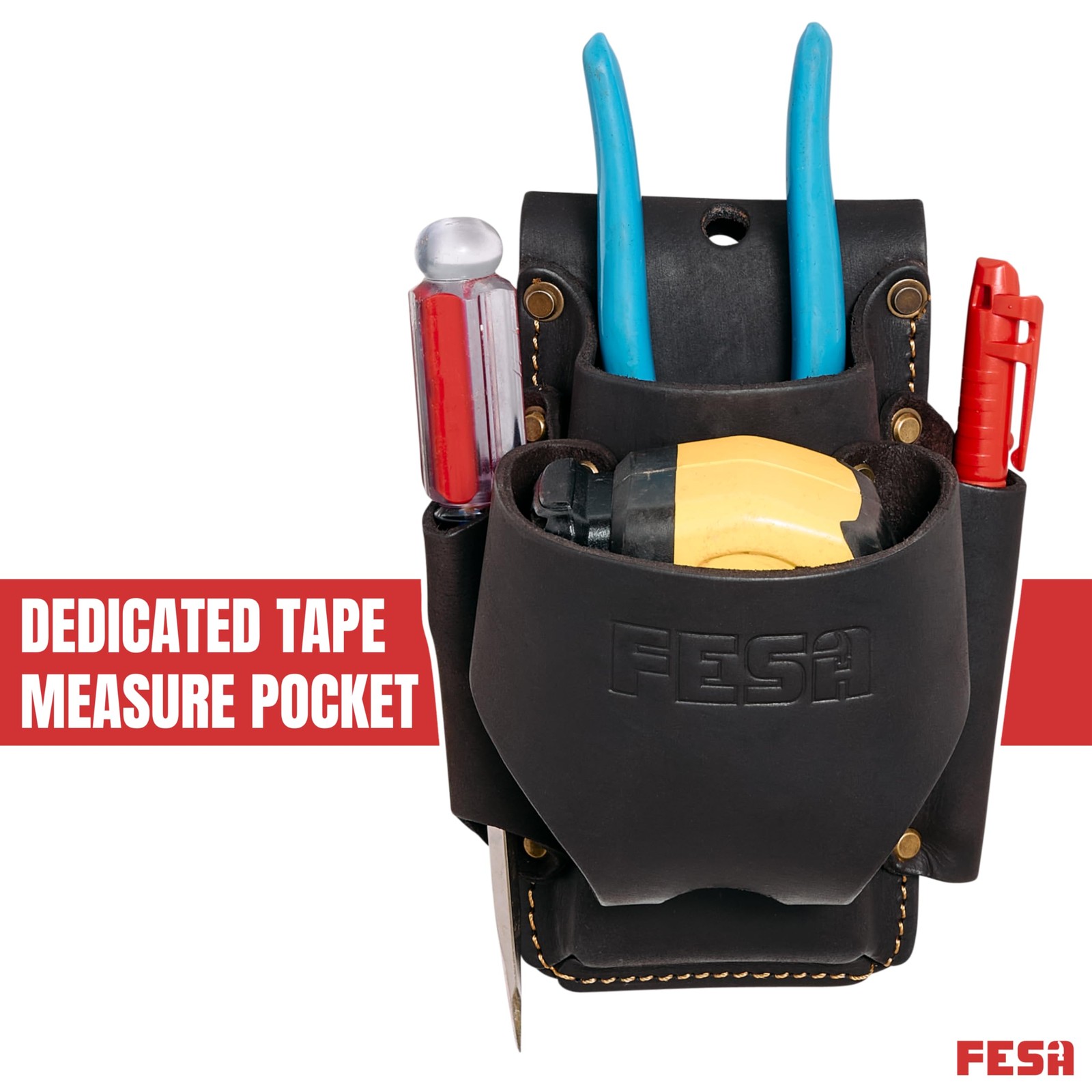 4-in-1 Leather Tape Measure Holder Heavy Top Grain Small Tool Pouch Brown