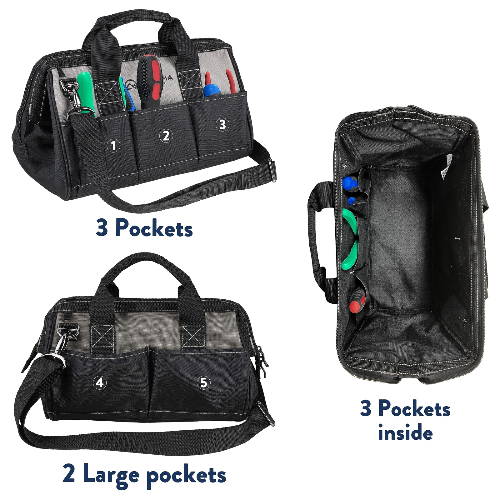 15 Inch Heavy Duty Tool Bag with 8 Pockets Adjustable Shoulder Strap