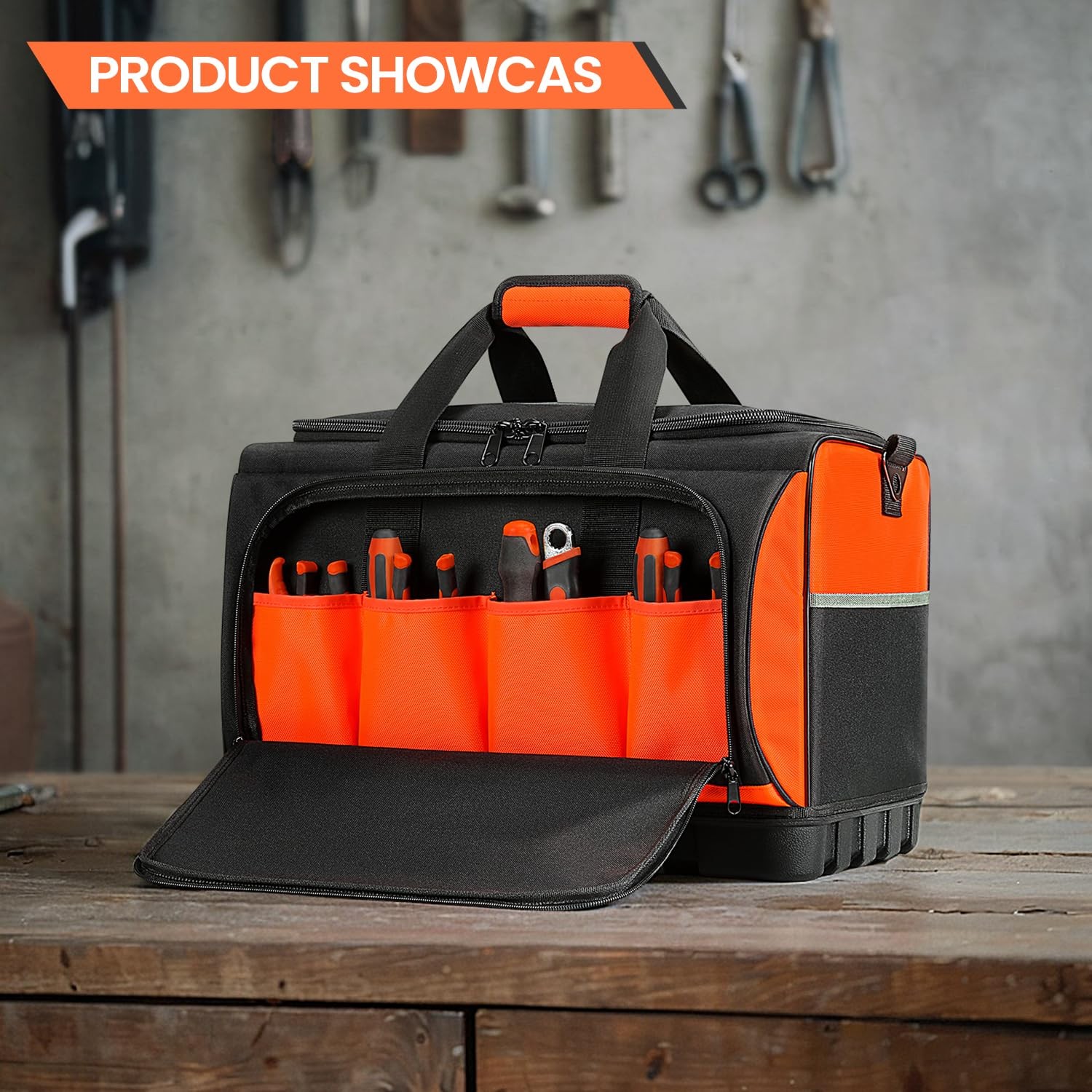 Large Tool Bag 17.7×12.6×11 Inch Waterproof Molded Base 18 Pockets 600D