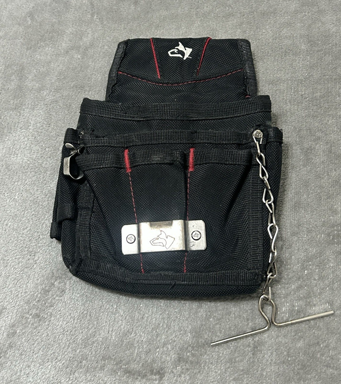 Black & Red Fabric Tool Belt Pouch with Belt Loop, Chain and Metal Clip