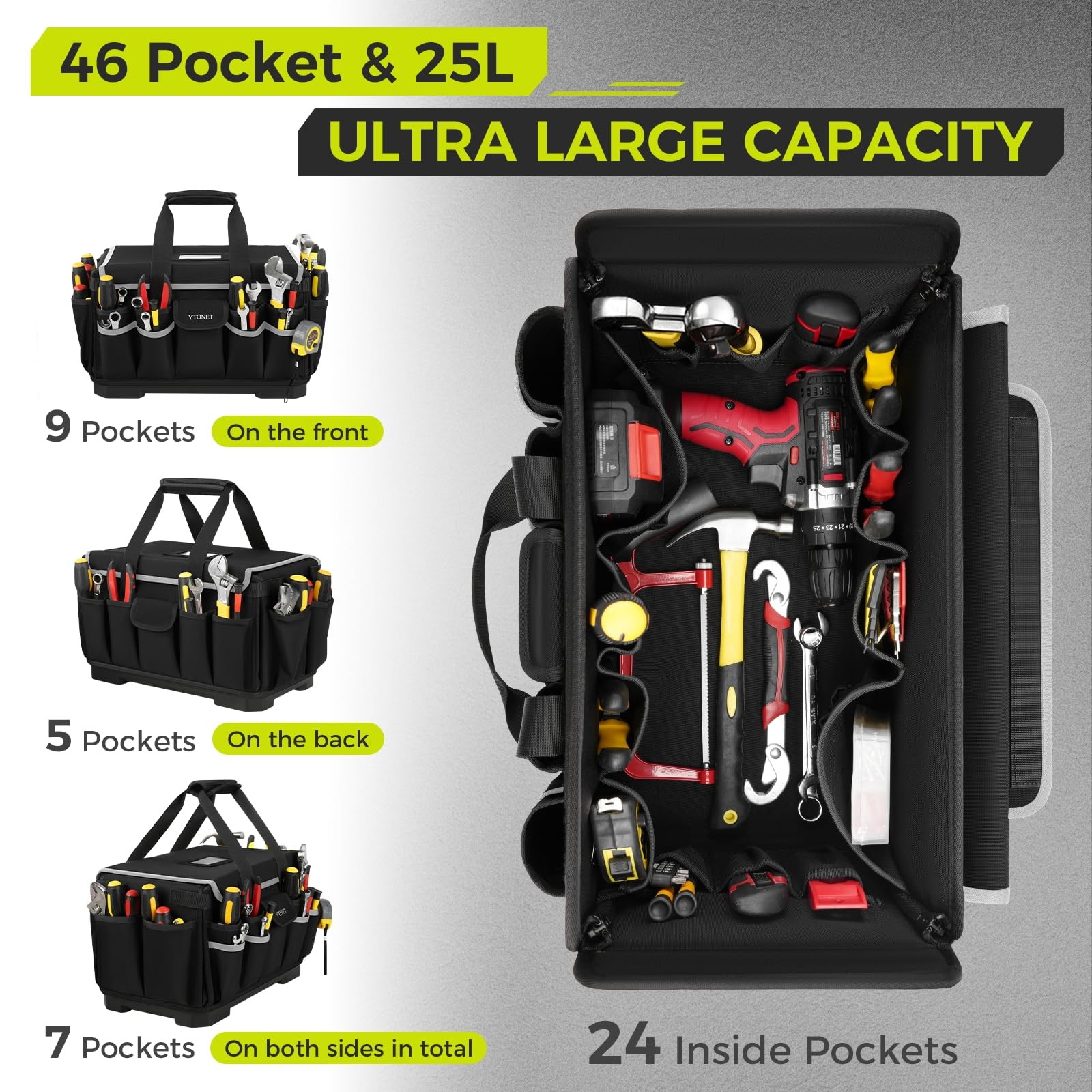 Black 16-Inch 46 Pockets Heavy Duty Electrician Tool Bag Hard Bottom