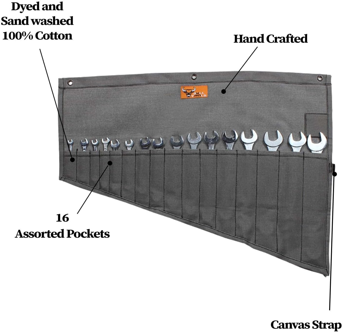 Roll up Tool Bag Organizer 16 Pockets Metric & SAE Wrench Organizer