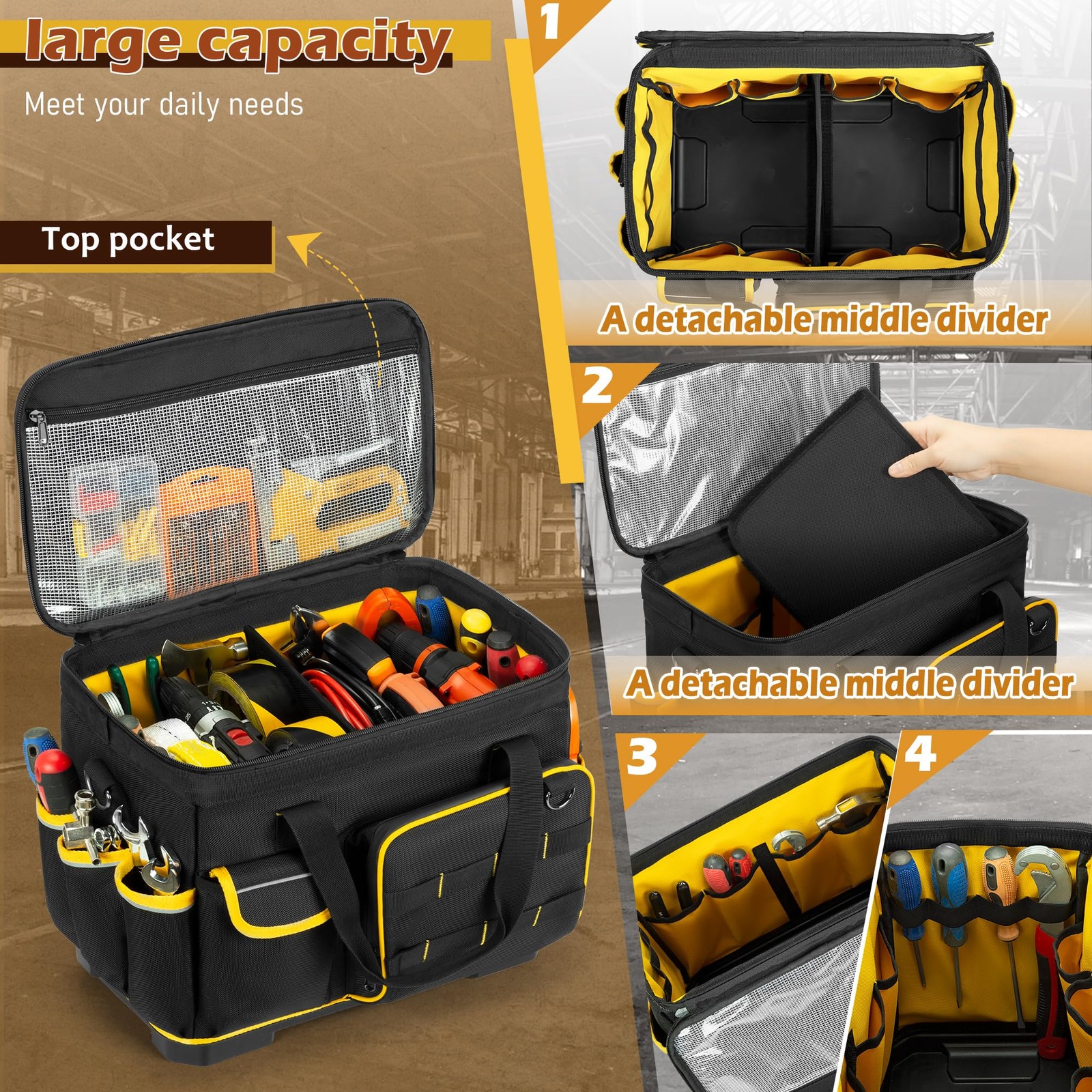 16-inch Tool Bag with Hard Bottom and a 16″ x 12″ x 9″, Black