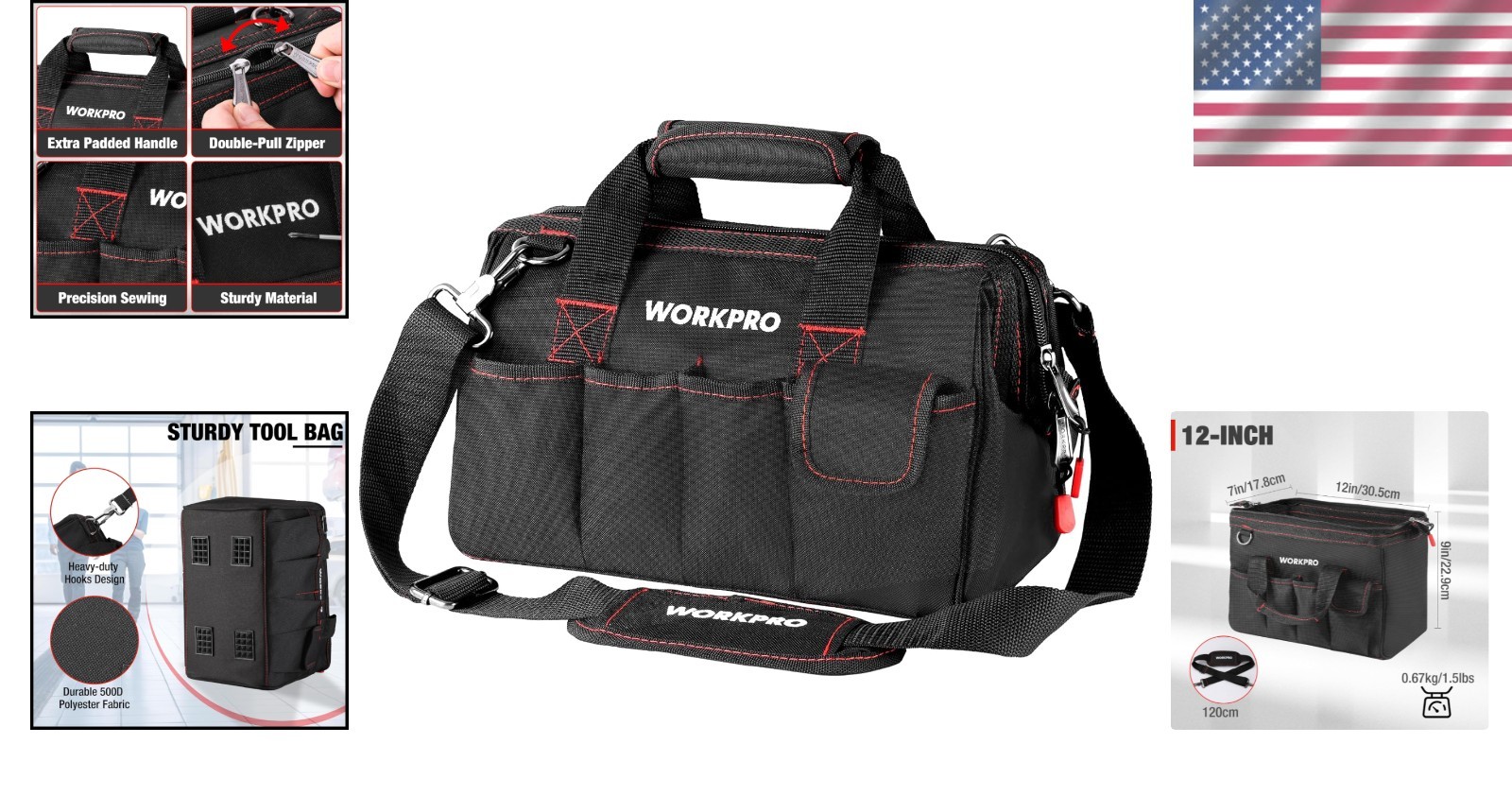 12-Inch Wide Mouth Tool Bag – Heavy-Duty Storage with 7 Pockets & Zipper Access