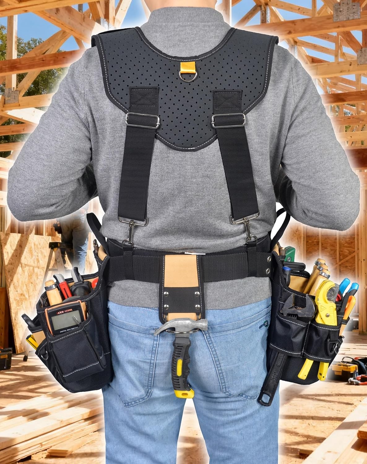 Professional Tool Belt with Suspenders 42 Pockets 1680D Durable Fabric, Heavy Du
