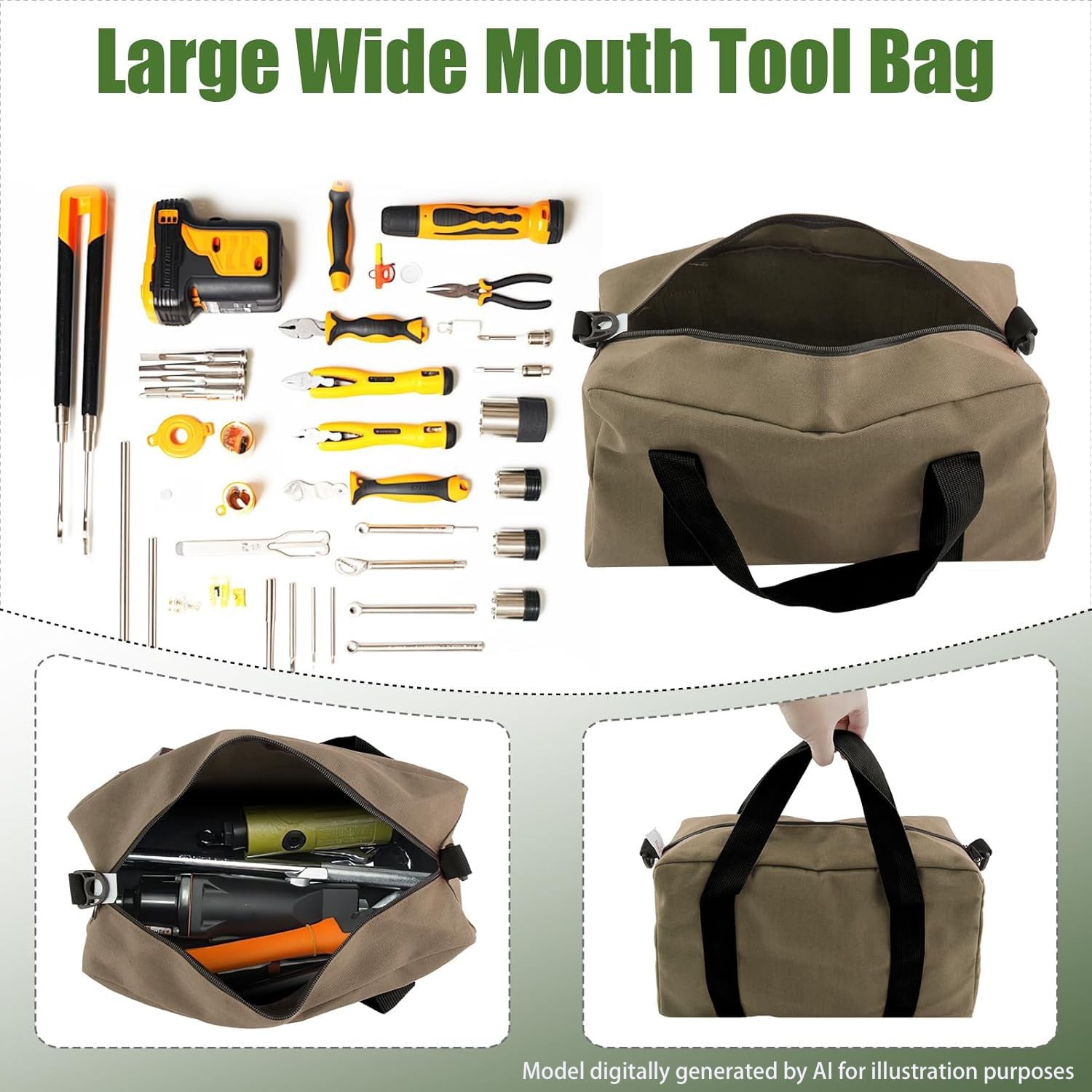 Canvas Tool Bag 12 Inch Wide Mouth Storage Hand Tools Carrier Organizers Pouch