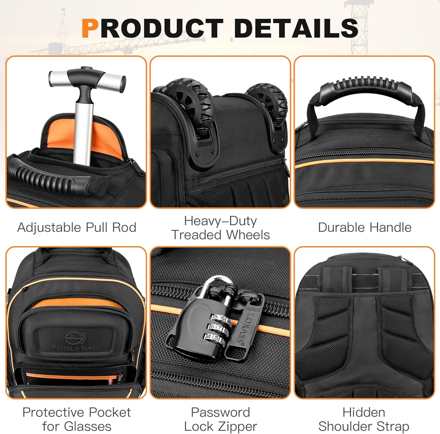 Rolling Tool Backpack with Wheels, 75 Pockets & Lock for Electricians