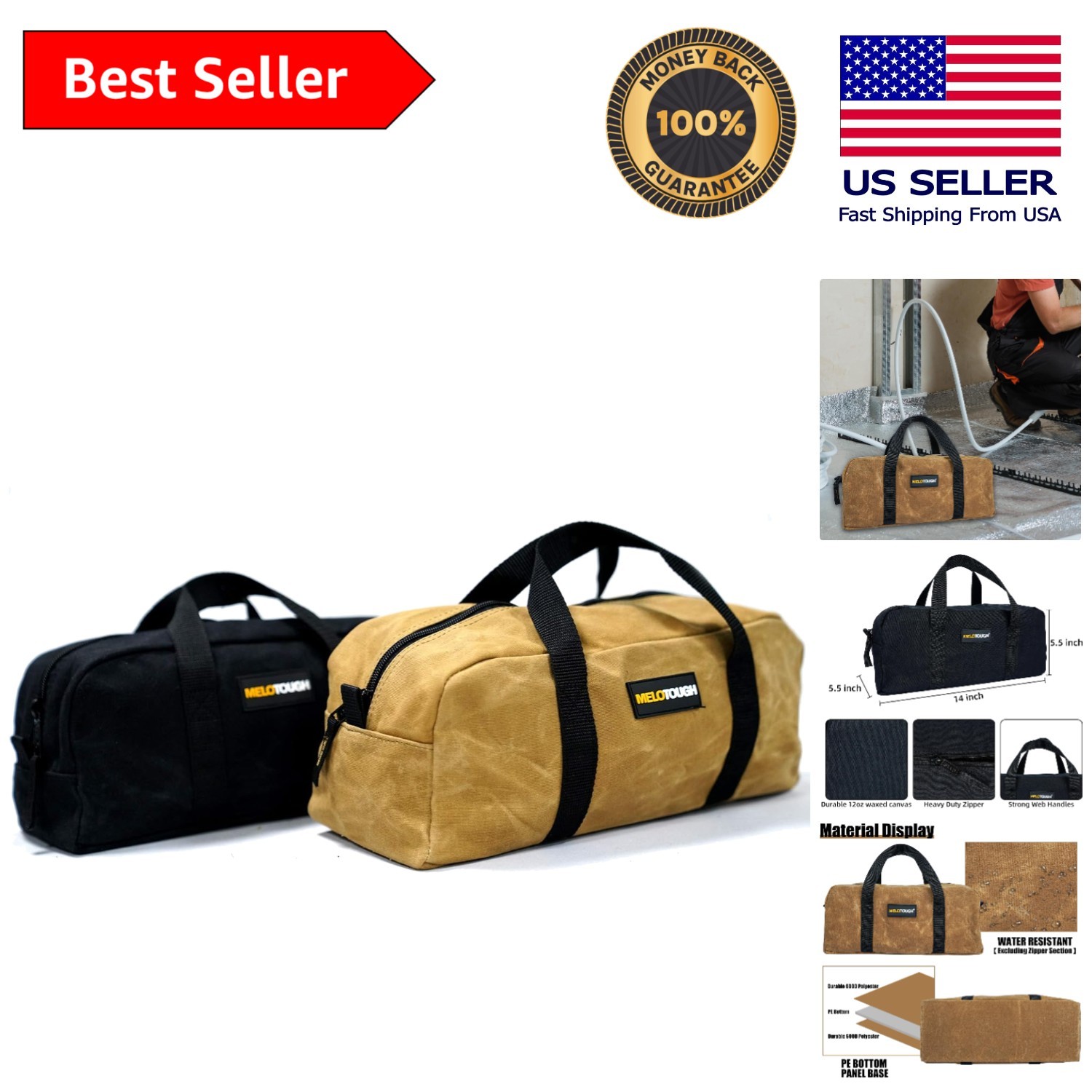 Sturdy 14” Waxed Canvas Utility Tote Pack with Dual Storage Bags – Tan & Black