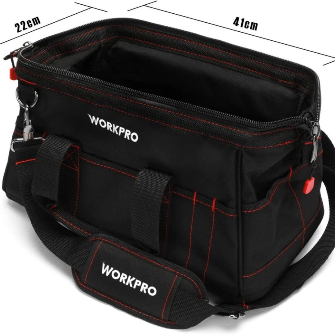 WORKPRO 16″/14″/12″ Wide Mouth Tool Bag Black Tool Storage Tote with Rubber Base