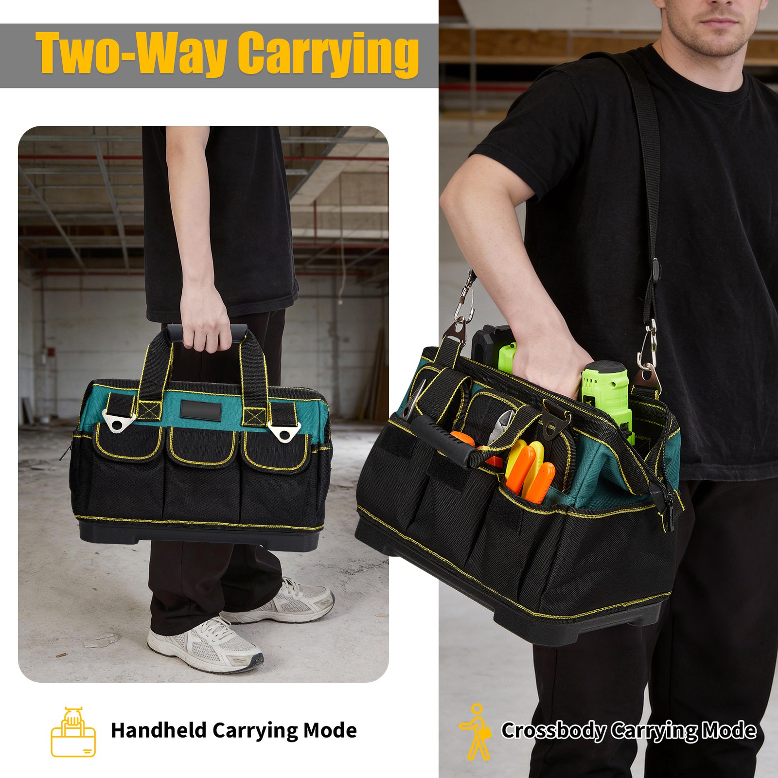 14 Inch Tool Bag 900D Oxford Heavy Duty Waterproof Base 20 Pockets 18 Loops 30kg