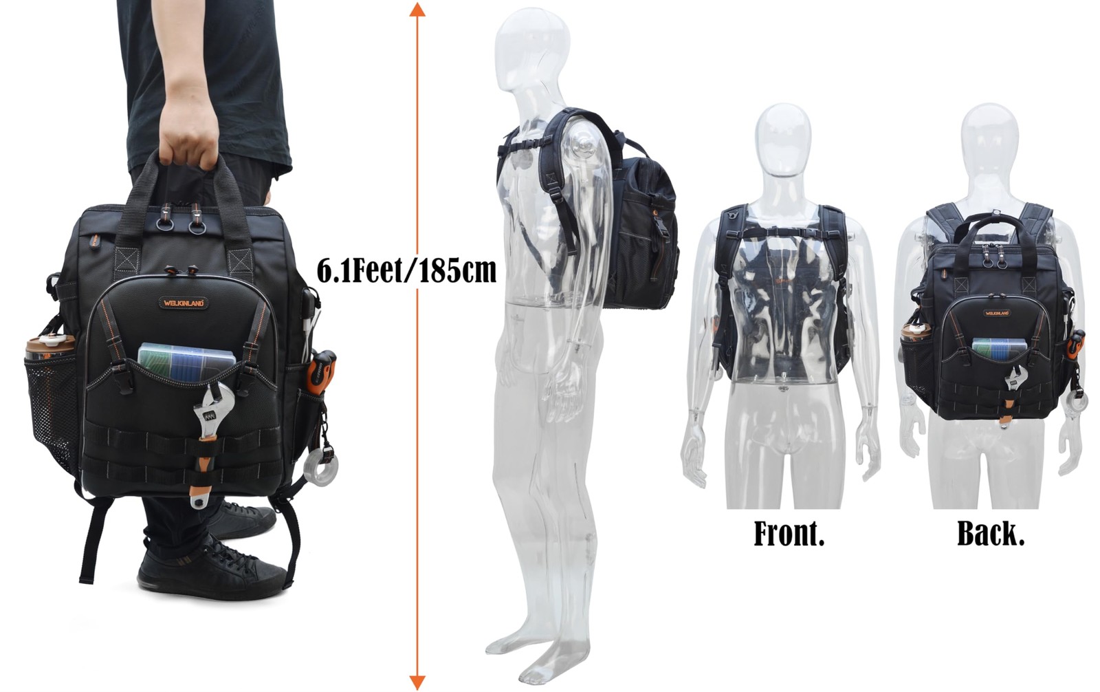 WELKINLAND 55-Pockets Tool backpack, bag Backpack Black/Orange