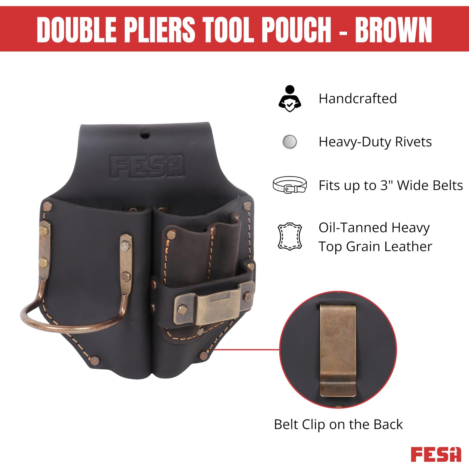 Leather Pliers Holster Double Plier Holder Steel Hammer Tape Clip Pockets